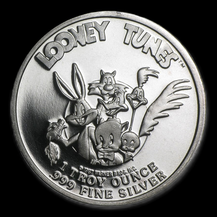 1987 Looney Tunes Bugs Bunny Wile E. Coyote 1 oz .999 Silver Coin