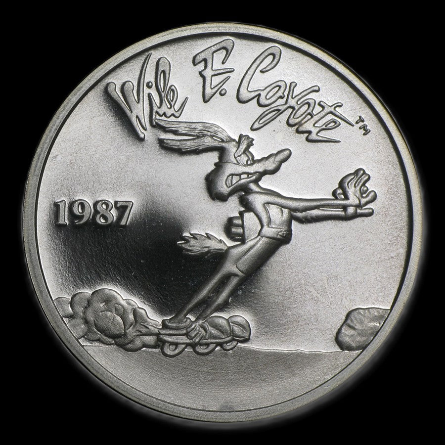 1987 Looney Tunes Bugs Bunny Wile E. Coyote 1 oz .999 Silver Coin