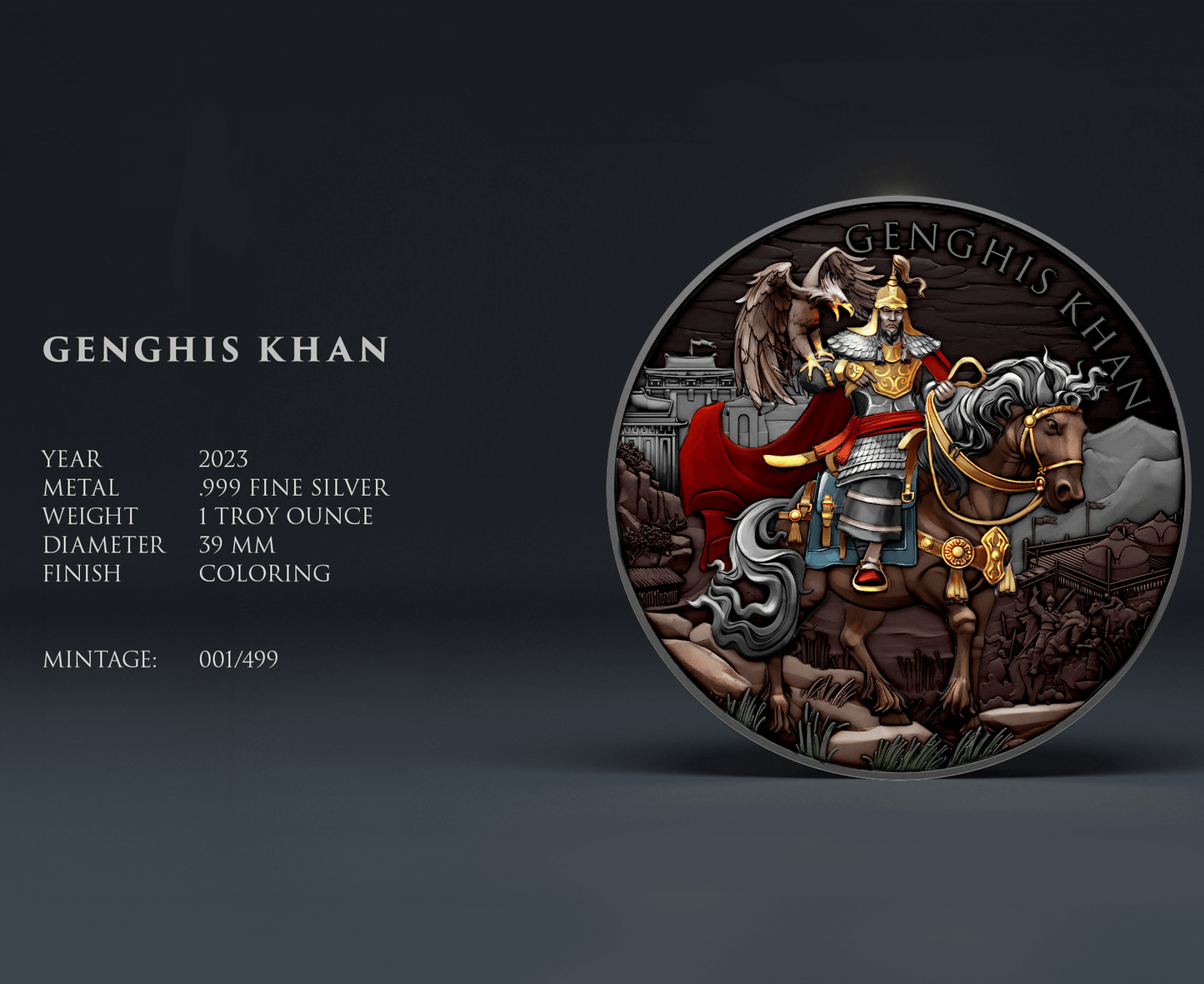 2023 Legendary Warriors Genghis Kahn Colorized 1 oz Silver Coin
