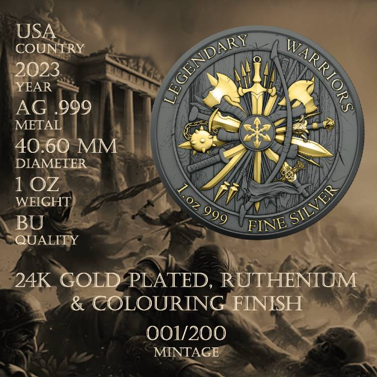 2023 Achilles Victorious Legendary Warriors 1oz .999 Silver Coin w24k Gold Gilding