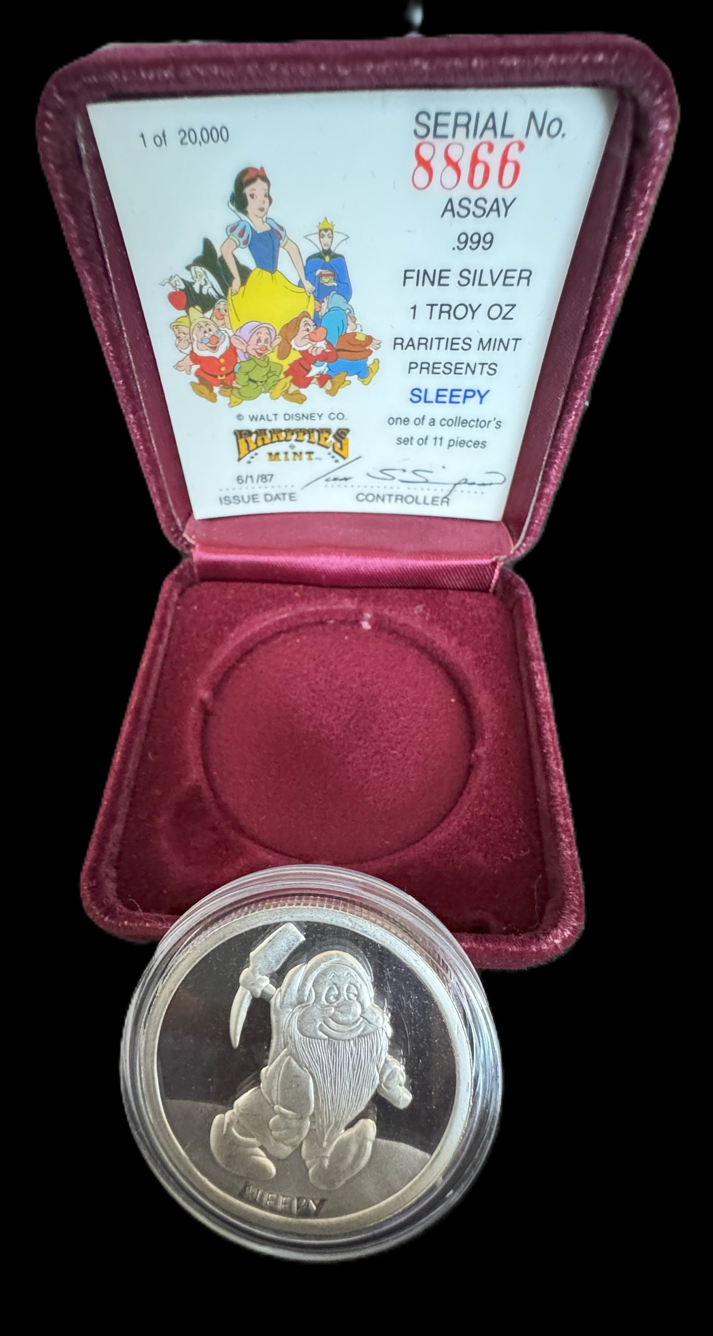 1987 Disney’s 50th Snow White & The Seven Dwarfs “Sleepy” 1 oz .999 Silver Coin