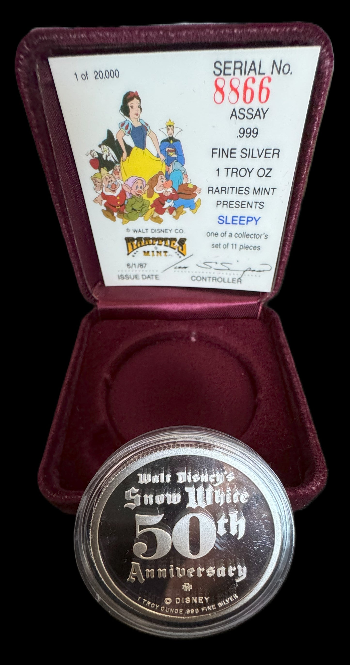 1987 Disney’s 50th Snow White & The Seven Dwarfs “Sleepy” 1 oz .999 Silver Coin