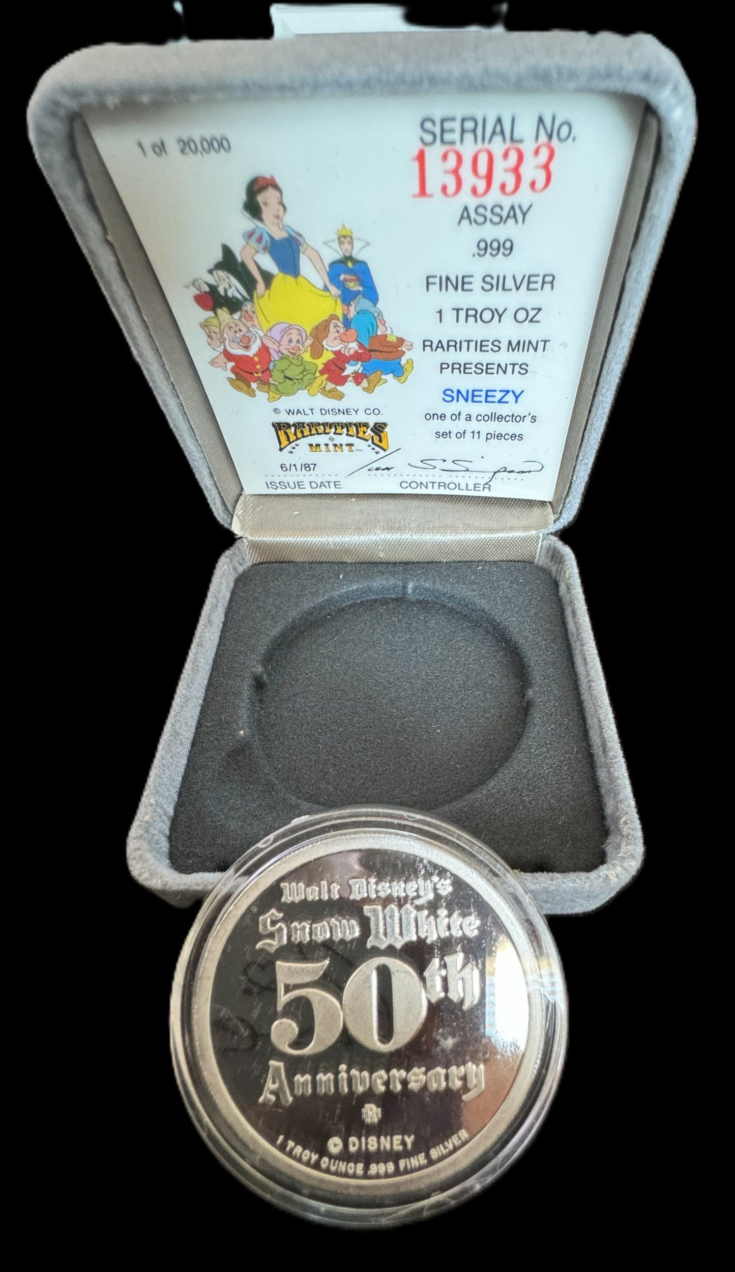1987 Disney’s 50th Snow White & The Seven Dwarfs “Sneezy” 1 oz .999 Silver Coin