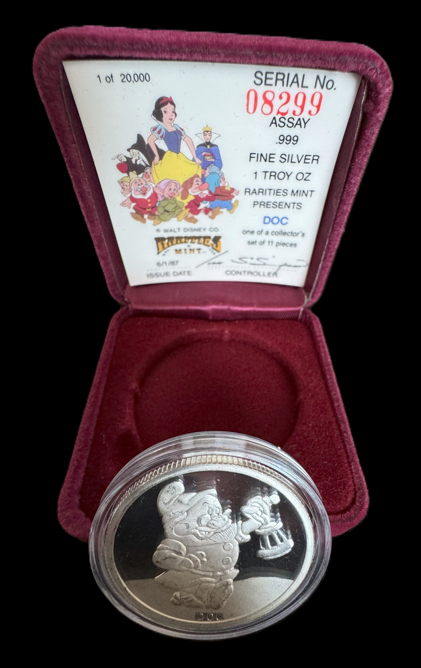1987 Disney’s 50th Snow White & The Seven Dwarfs “Doc” 1 oz .999 Silver Coin