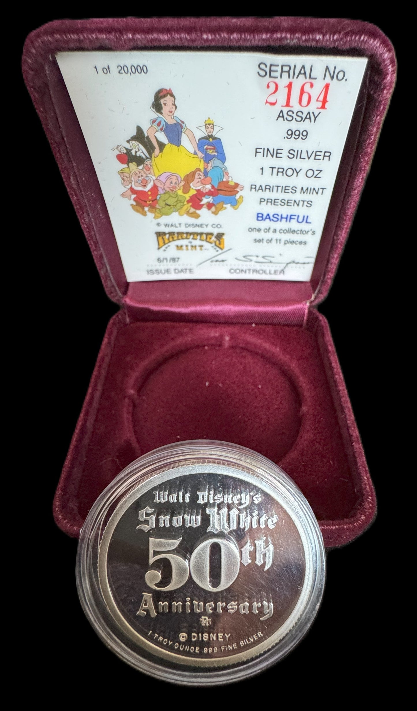 1987 Disney’s 50th Snow White & The Seven Dwarfs “Bashful” 1 oz .999 Silver Coin