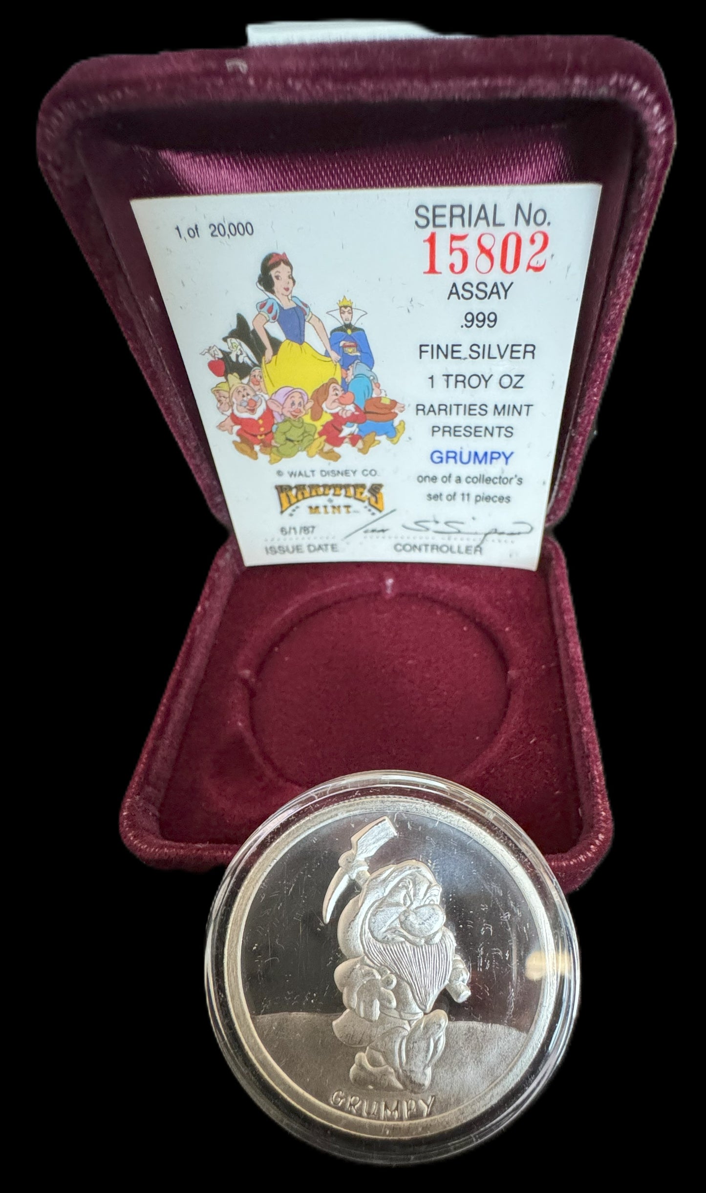 1987 Disney’s 50th Snow White & The Seven Dwarfs “Grumpy” 1 oz .999 Silver Coin