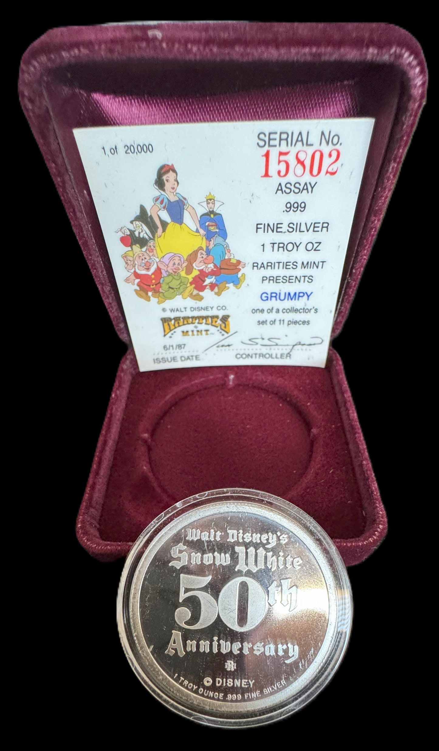 1987 Disney’s 50th Snow White & The Seven Dwarfs “Grumpy” 1 oz .999 Silver Coin
