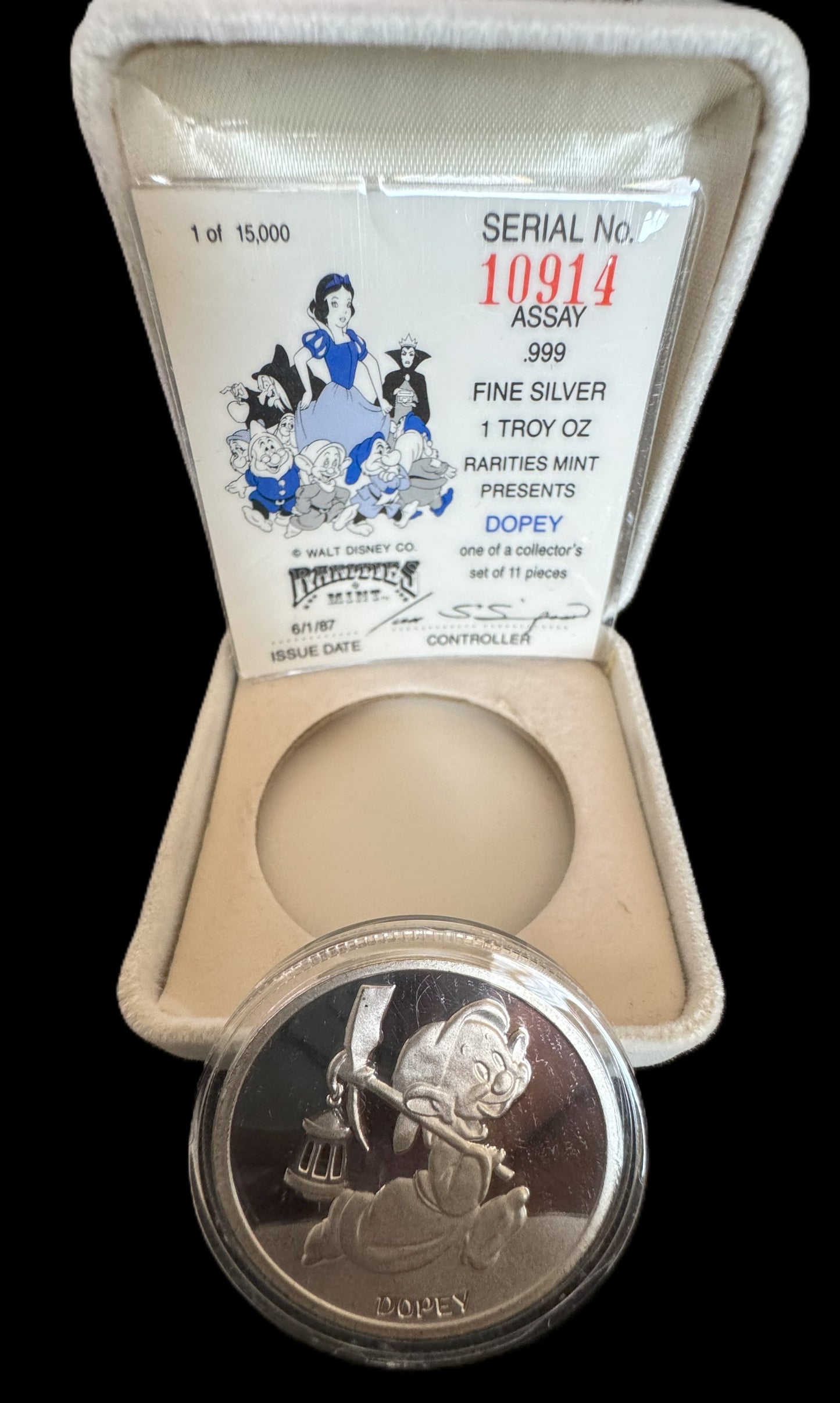 1987 Disney’s 50th Snow White & The Seven Dwarfs “Dopey” 1 oz .999 Silver Coin