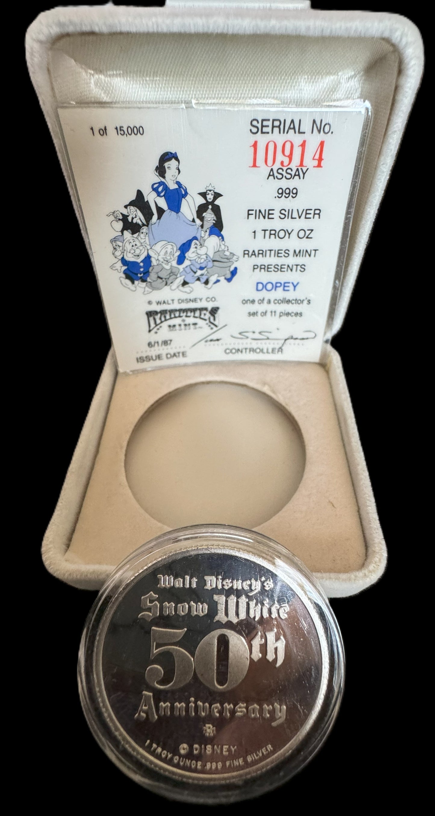 1987 Disney’s 50th Snow White & The Seven Dwarfs “Dopey” 1 oz .999 Silver Coin