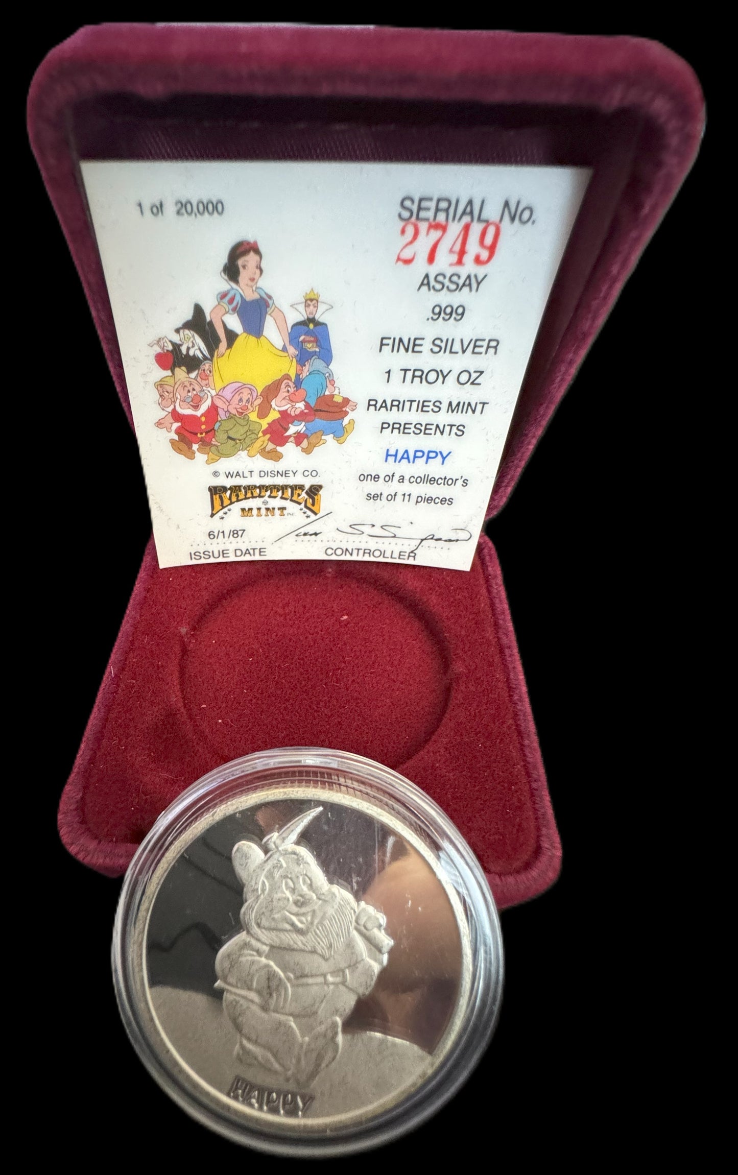 1987 Disney’s 50th Snow White & The Seven Dwarfs “Happy” 1 oz .999 Silver Coin