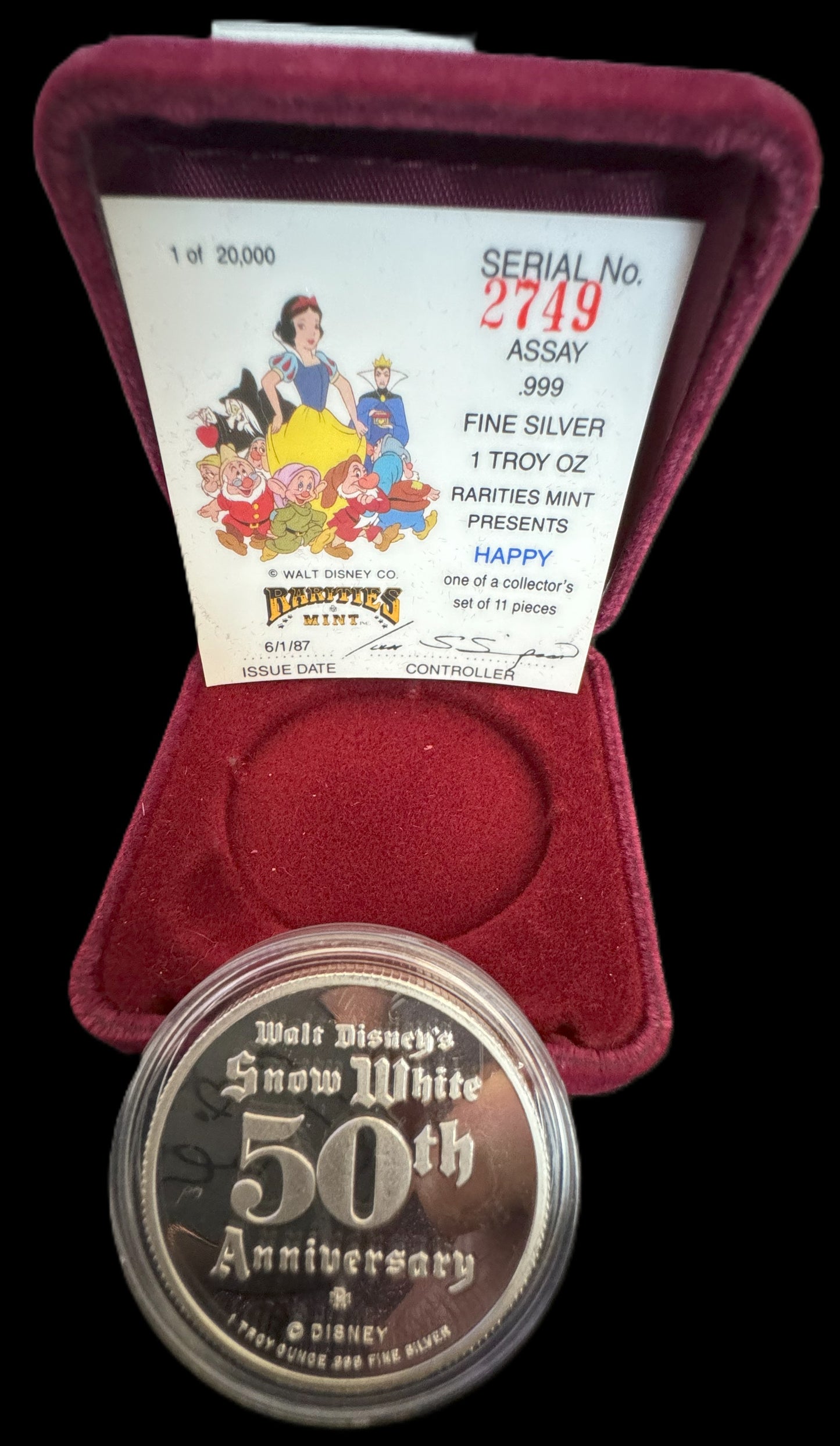 1987 Disney’s 50th Snow White & The Seven Dwarfs “Happy” 1 oz .999 Silver Coin