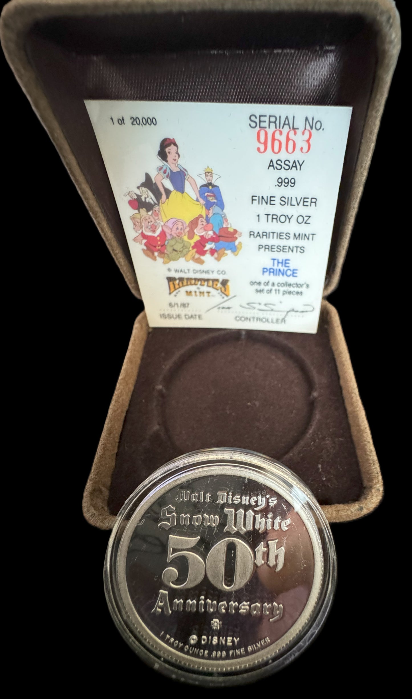 1987 Disney’s 50th Snow White & The Seven Dwarfs “Prince” 1 oz .999 Silver Coin