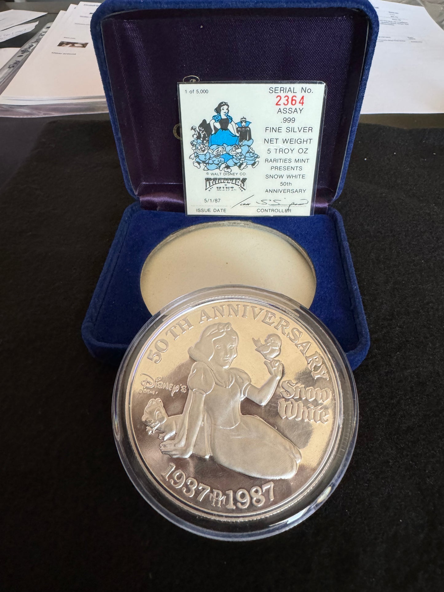 1987 Disney’s 50th Anniversary “Snow White” 5 oz .999 Silver Coin