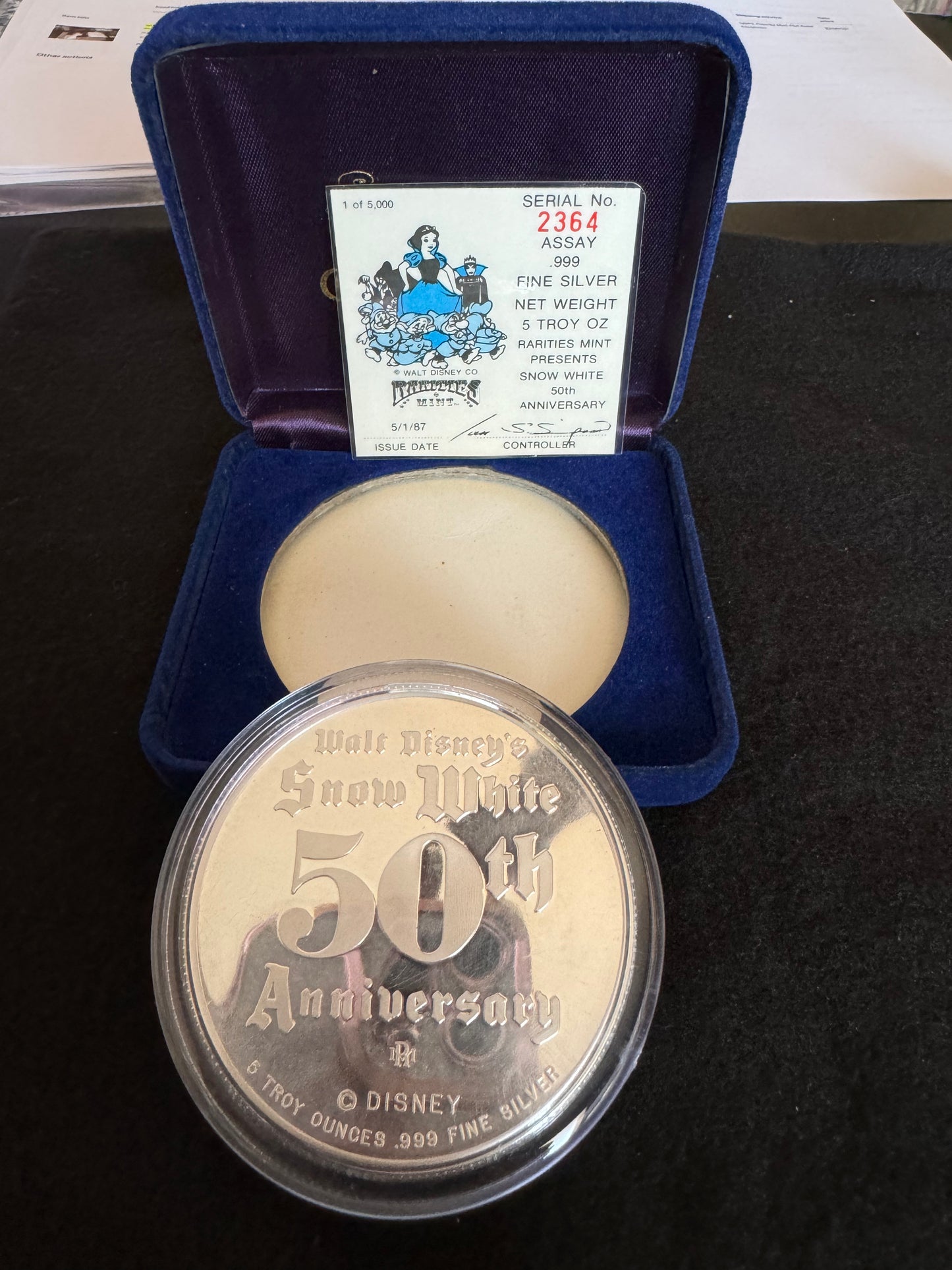 1987 Disney’s 50th Anniversary “Snow White” 5 oz .999 Silver Coin