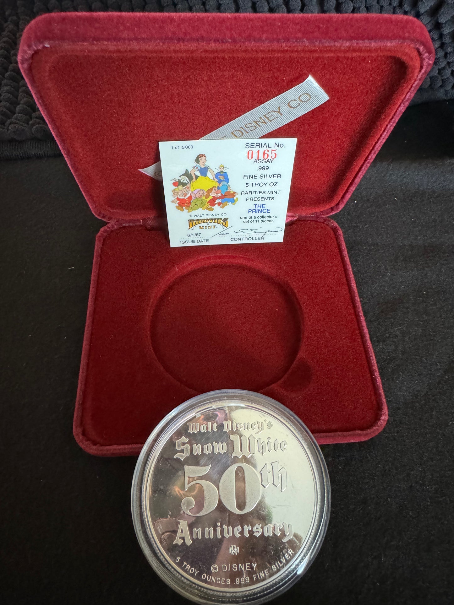 1987 Disney’s 50th Snow White & The Seven Dwarfs “Prince” 5 oz .999 Silver Coin