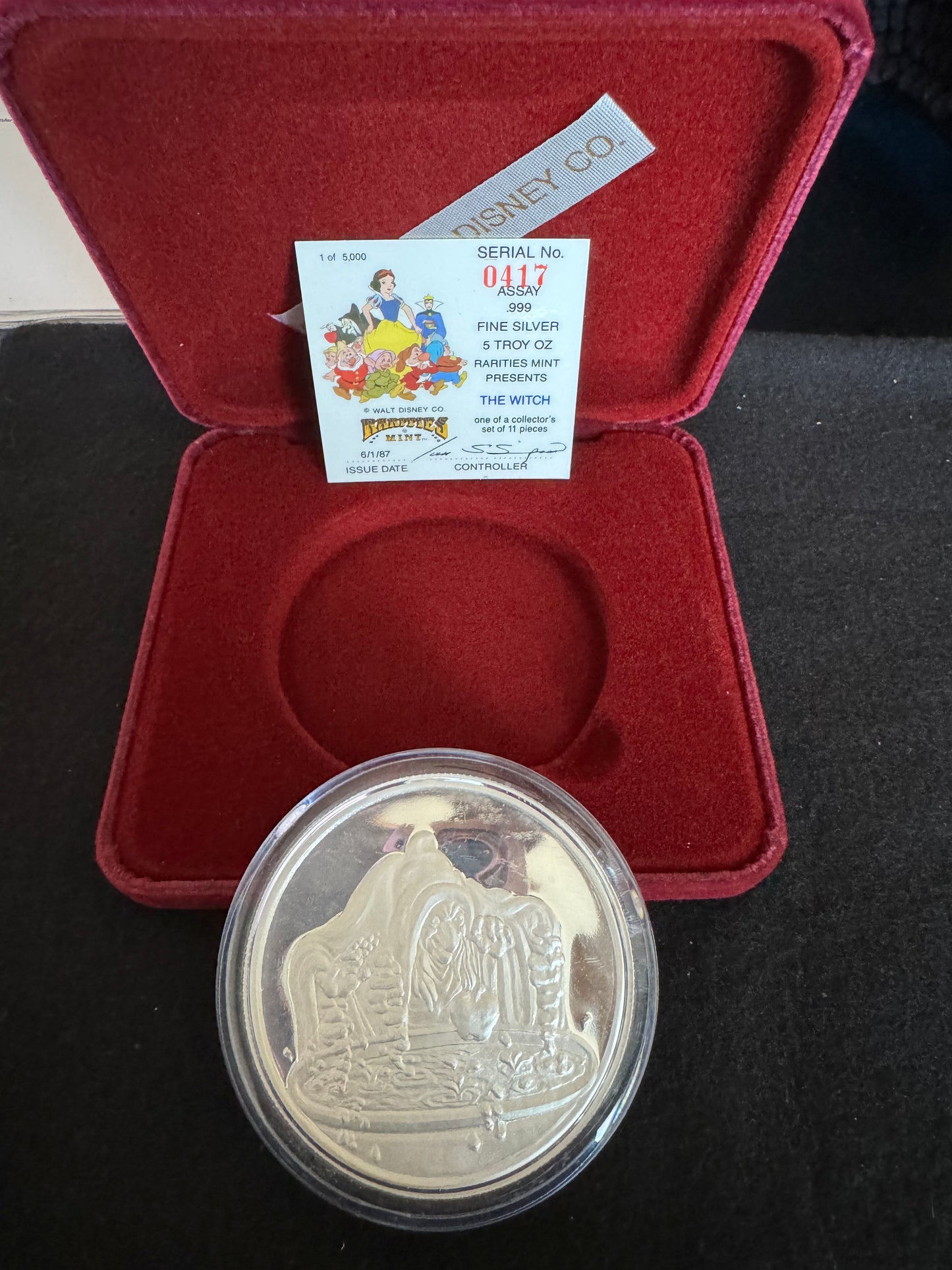 1987 Disney’s 50th Snow White & The Seven Dwarfs “Witch” 5 oz .999 Silver Coin