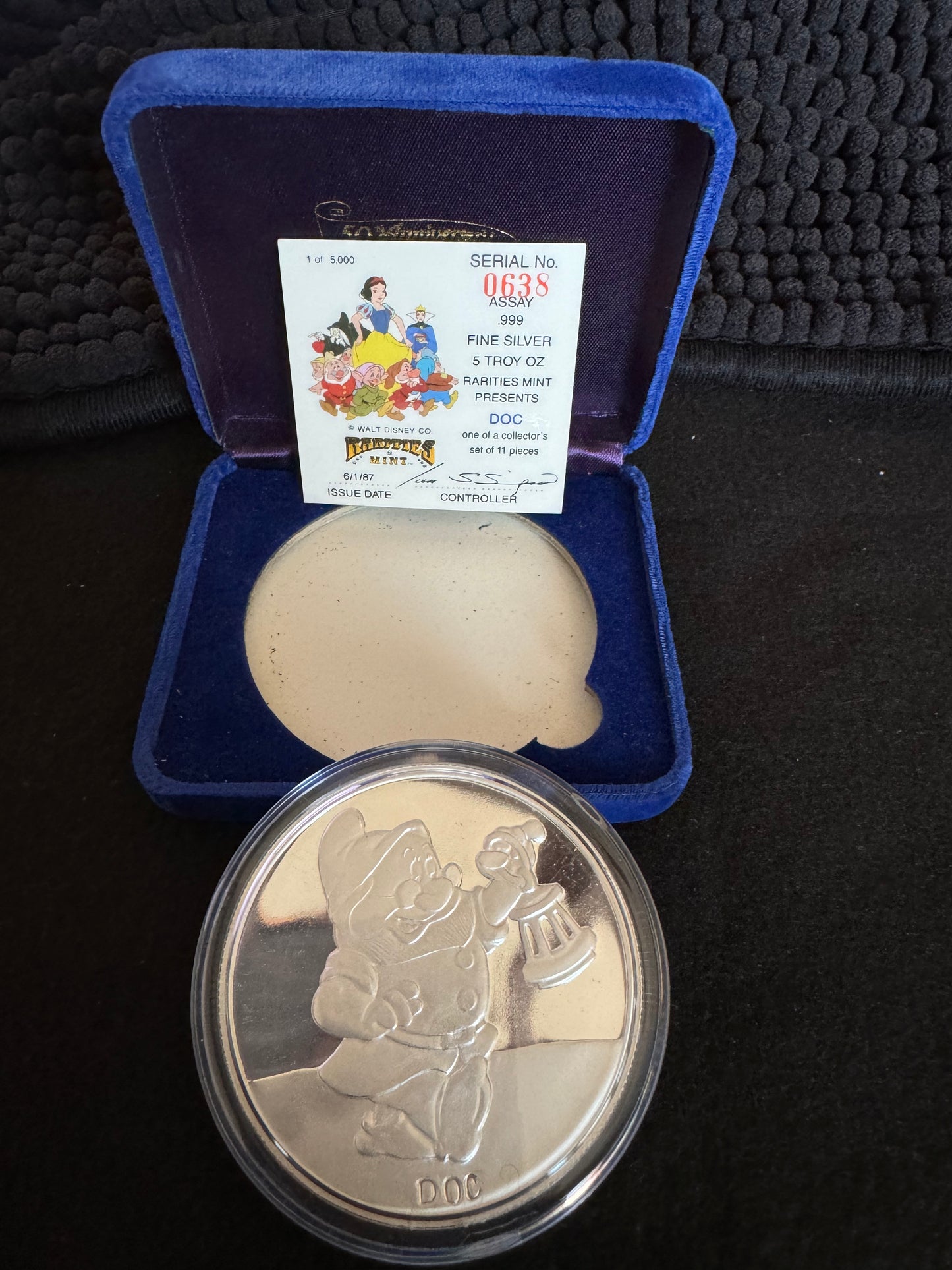 1987 Disney’s 50th Snow White & The Seven Dwarfs “Doc” 5 oz .999 Silver Coin