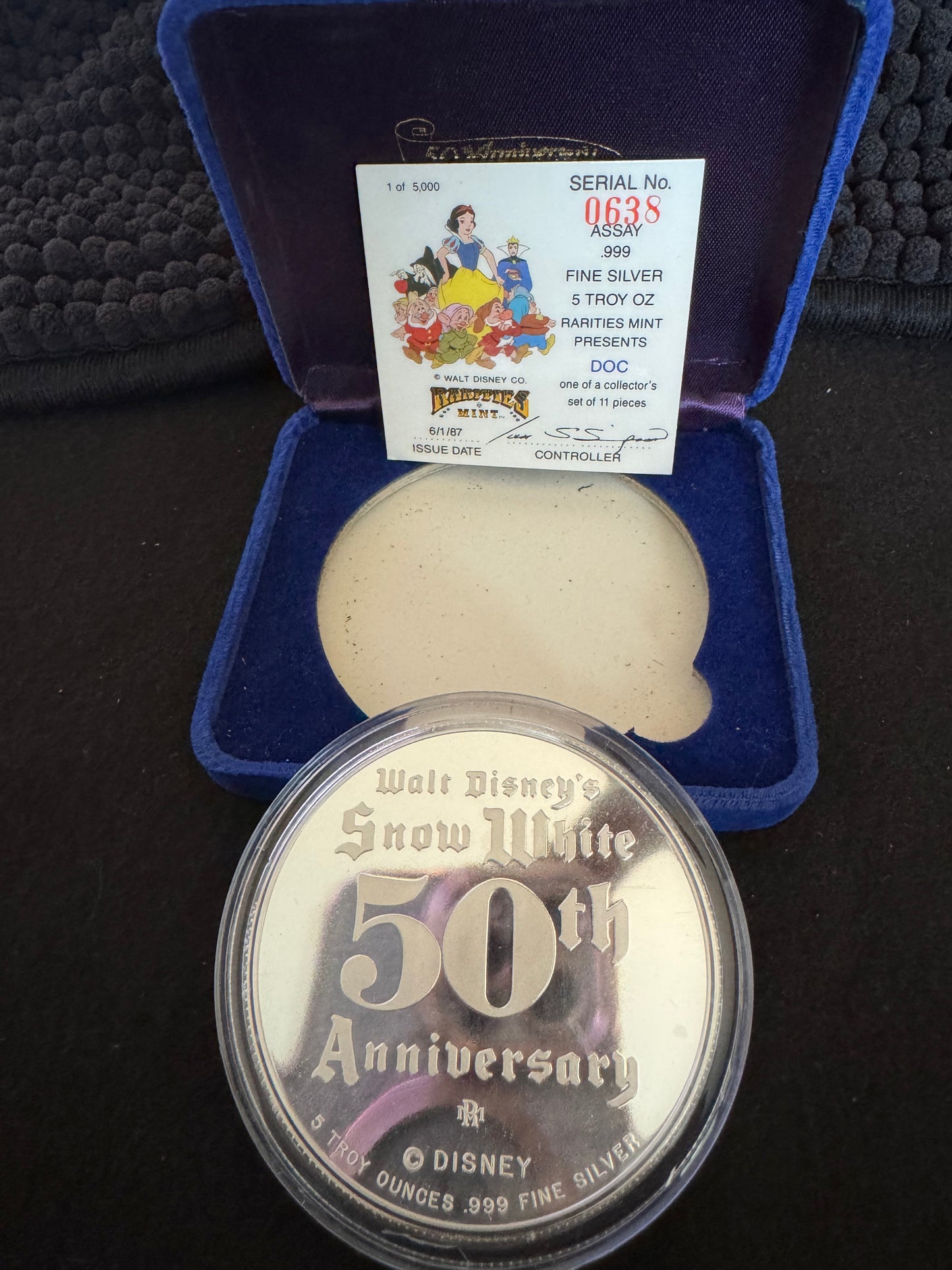 1987 Disney’s 50th Snow White & The Seven Dwarfs “Doc” 5 oz .999 Silver Coin