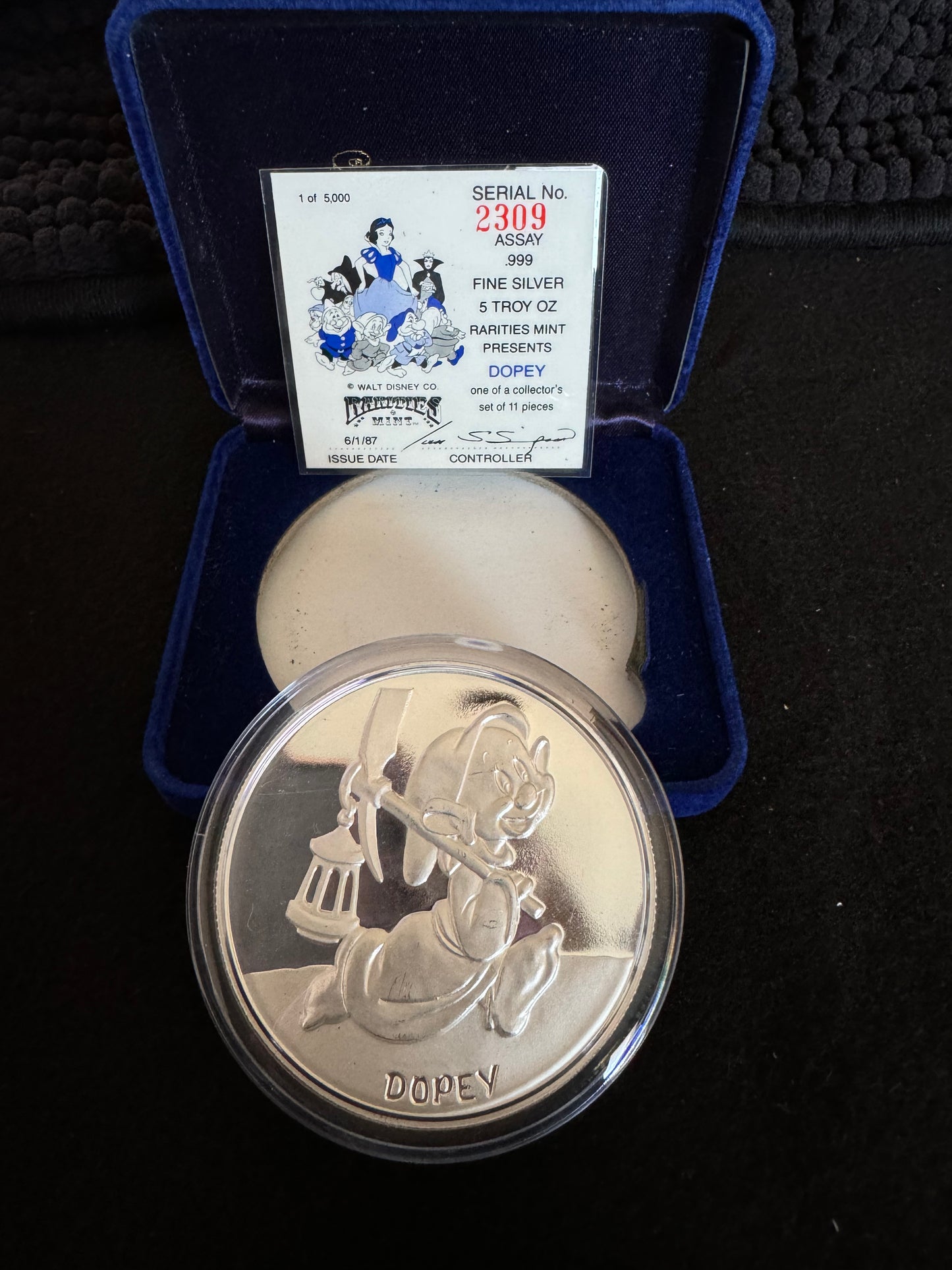 1987 Disney’s 50th Snow White & The Seven Dwarfs “Dopey” 5 oz .999 Silver Coin