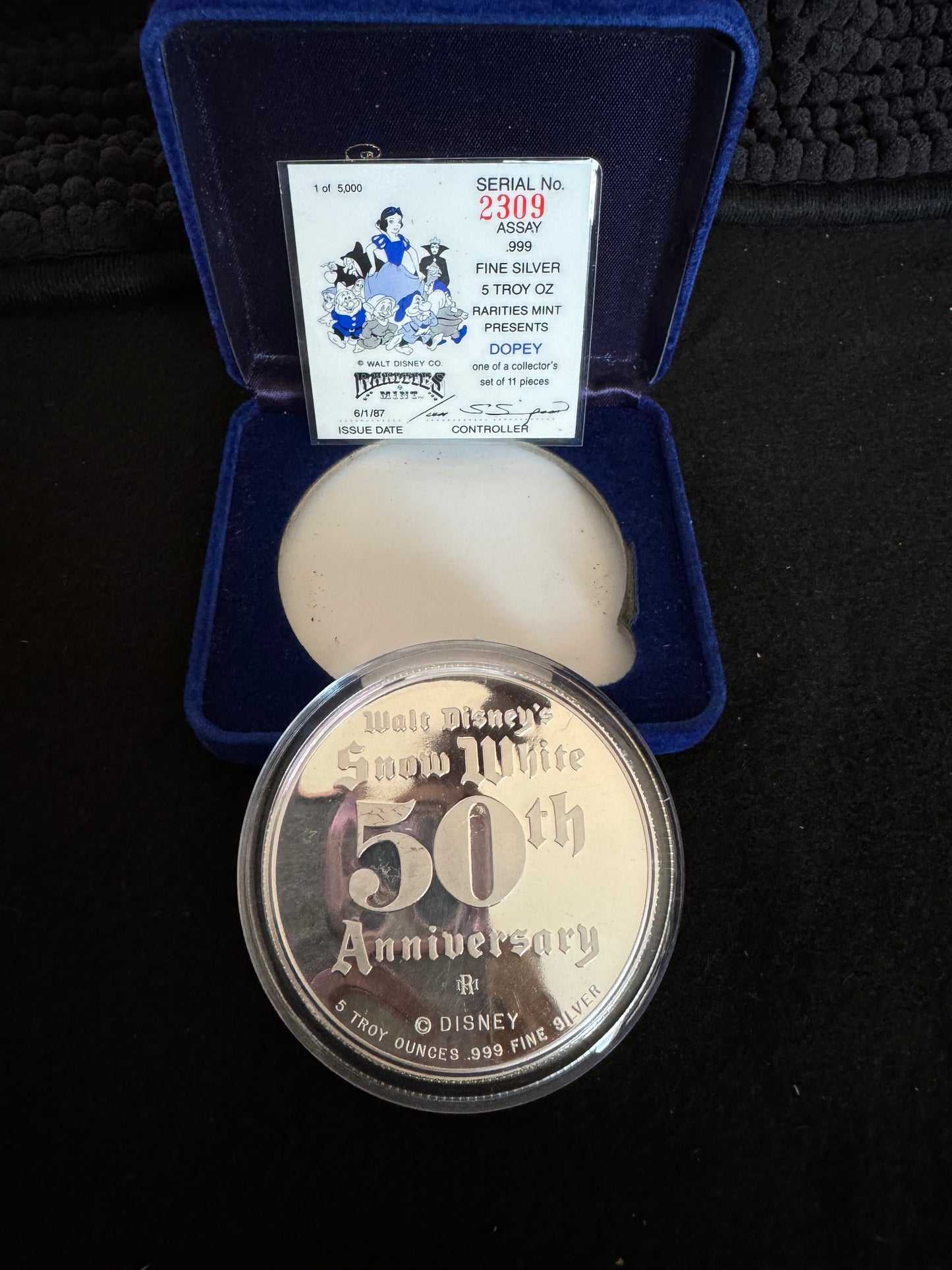 1987 Disney’s 50th Snow White & The Seven Dwarfs “Dopey” 5 oz .999 Silver Coin