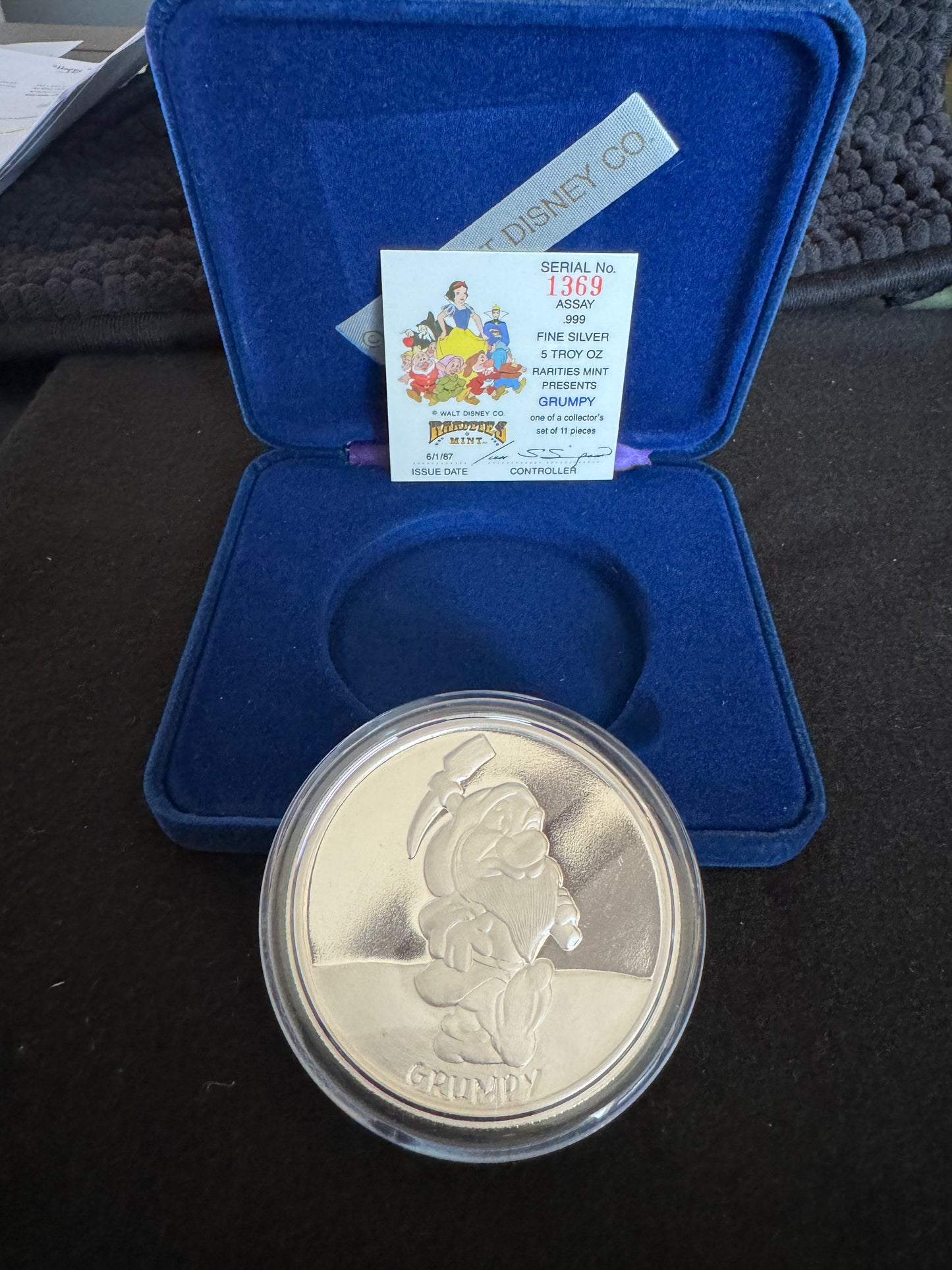 1987 Disney’s 50th Snow White & The Seven Dwarfs “Grumpy” 5 oz .999 Silver Coin