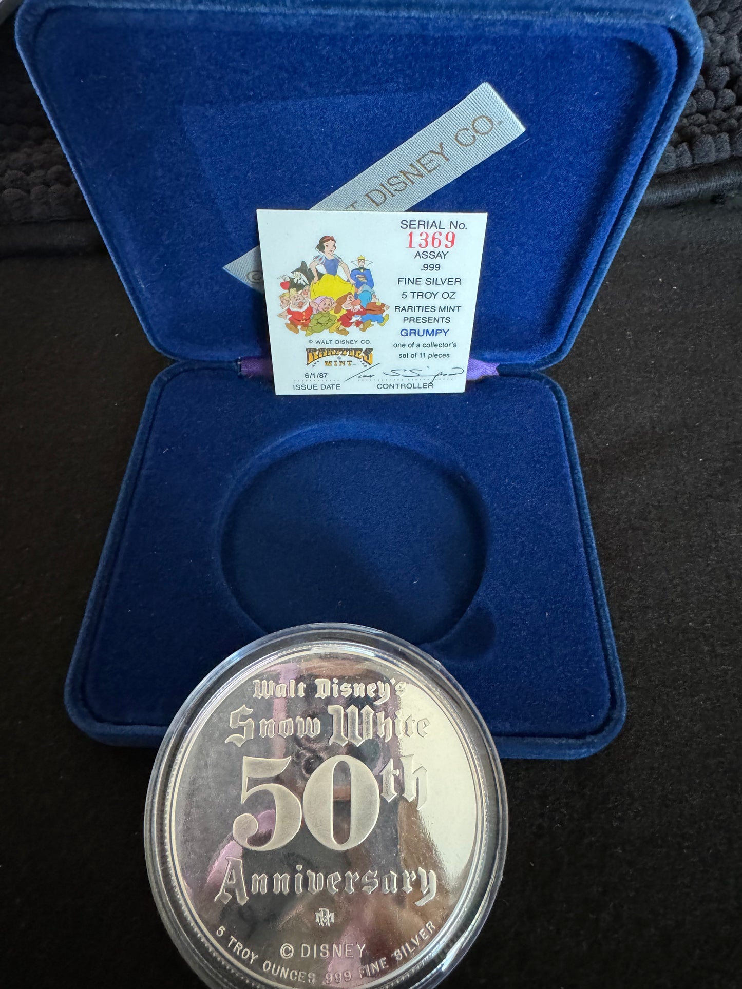 1987 Disney’s 50th Snow White & The Seven Dwarfs “Grumpy” 5 oz .999 Silver Coin