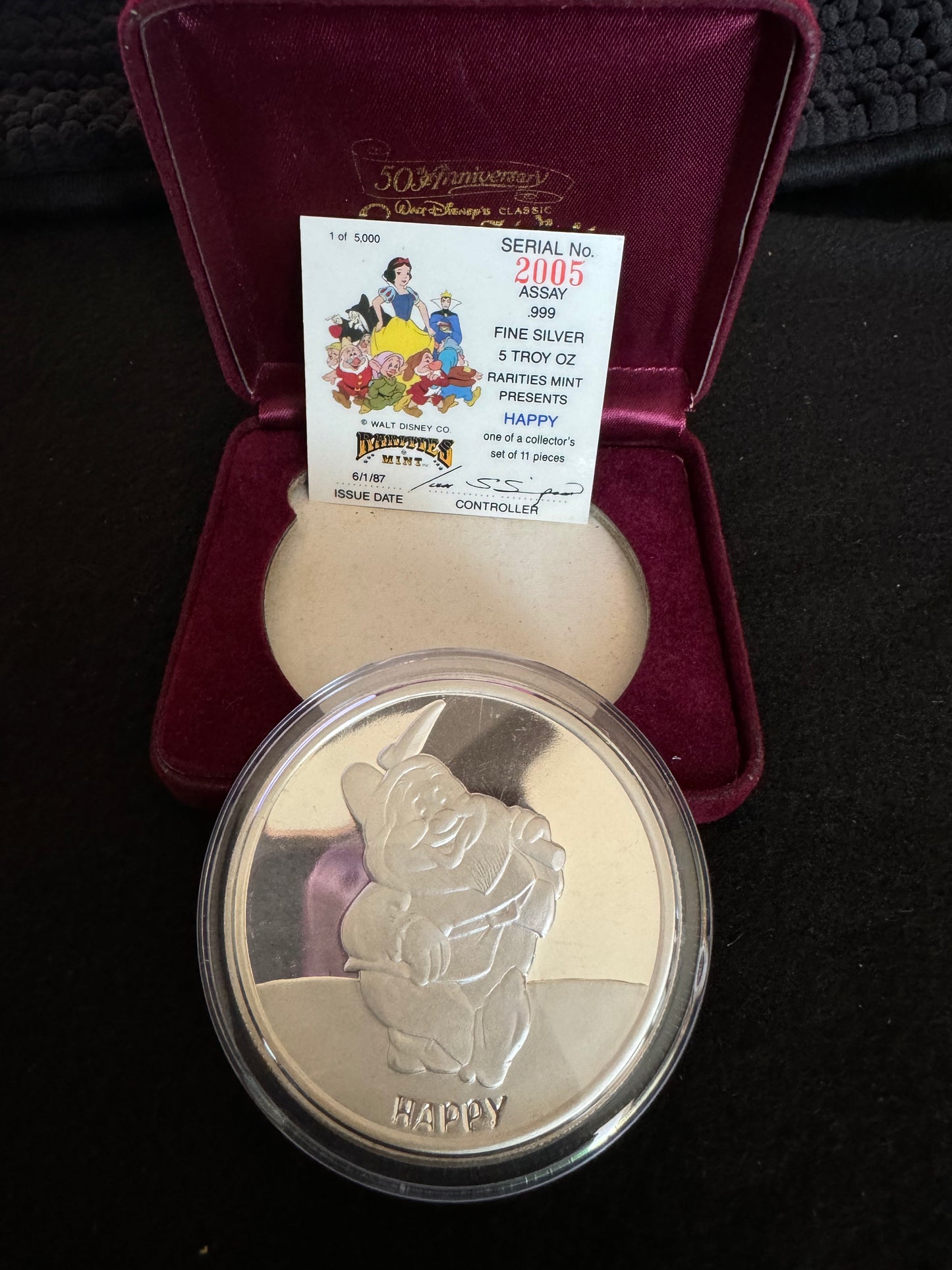 1987 Disney’s 50th Snow White & The Seven Dwarfs “Happy” 5 oz .999 Silver Coin