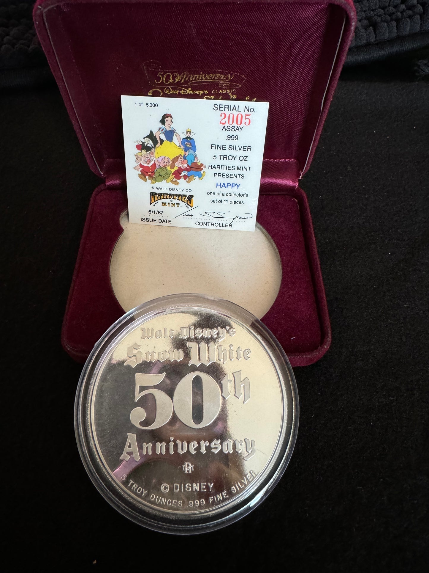 1987 Disney’s 50th Snow White & The Seven Dwarfs “Happy” 5 oz .999 Silver Coin