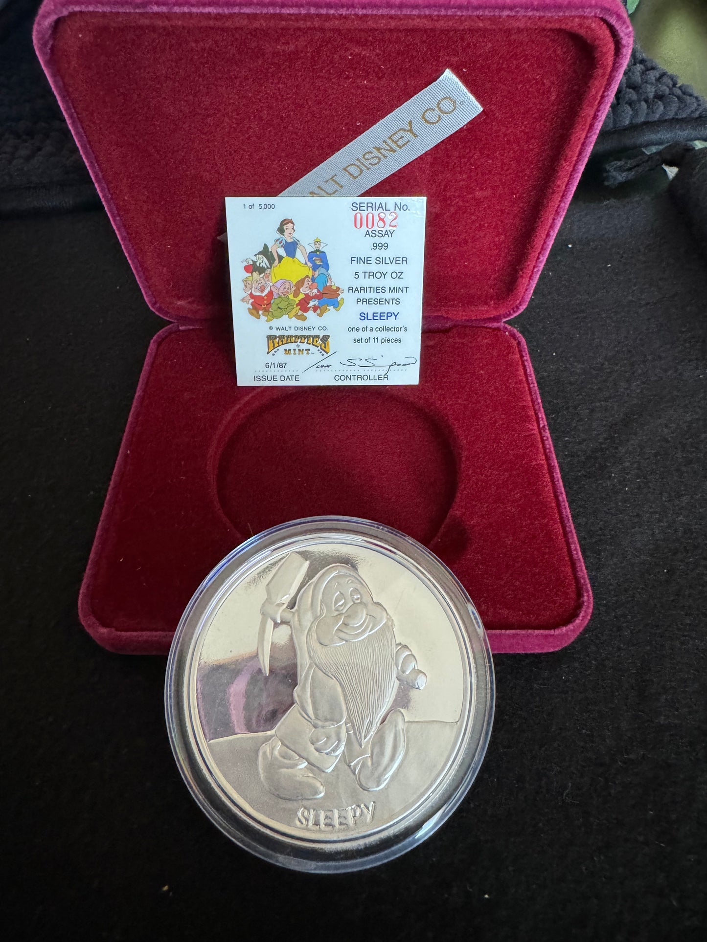 1987 Disney’s 50th Snow White & The Seven Dwarfs “Sleepy” 5 oz .999 Silver Coin