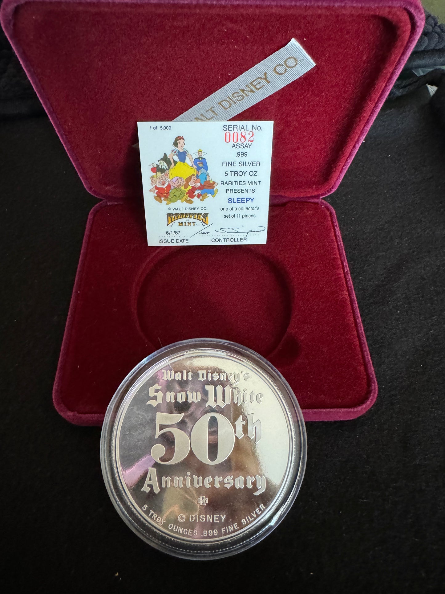 1987 Disney’s 50th Snow White & The Seven Dwarfs “Sleepy” 5 oz .999 Silver Coin