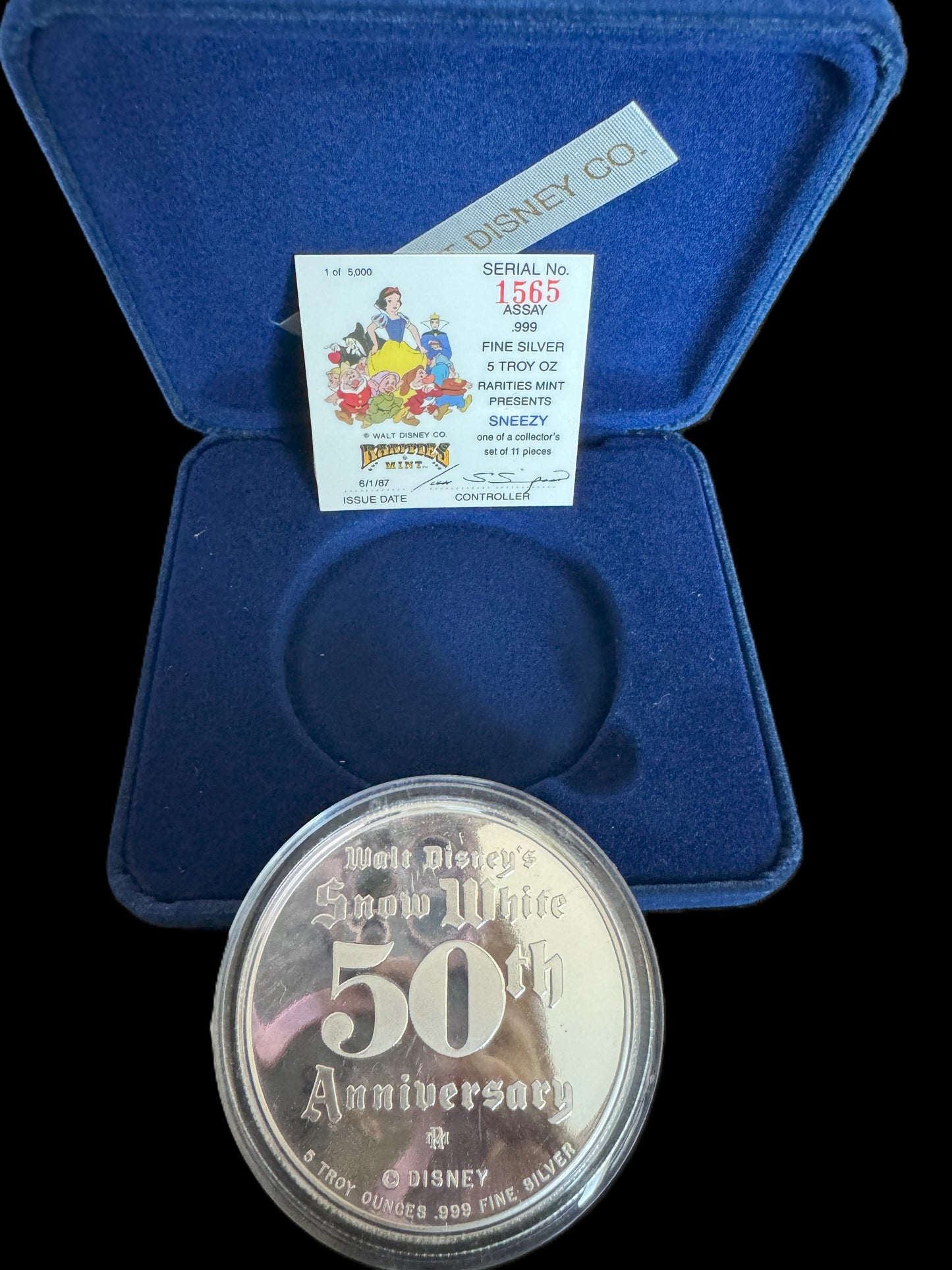 1987 Disney’s 50th Snow White & The Seven Dwarfs “Sneezy” 5 oz .999 Silver Coin