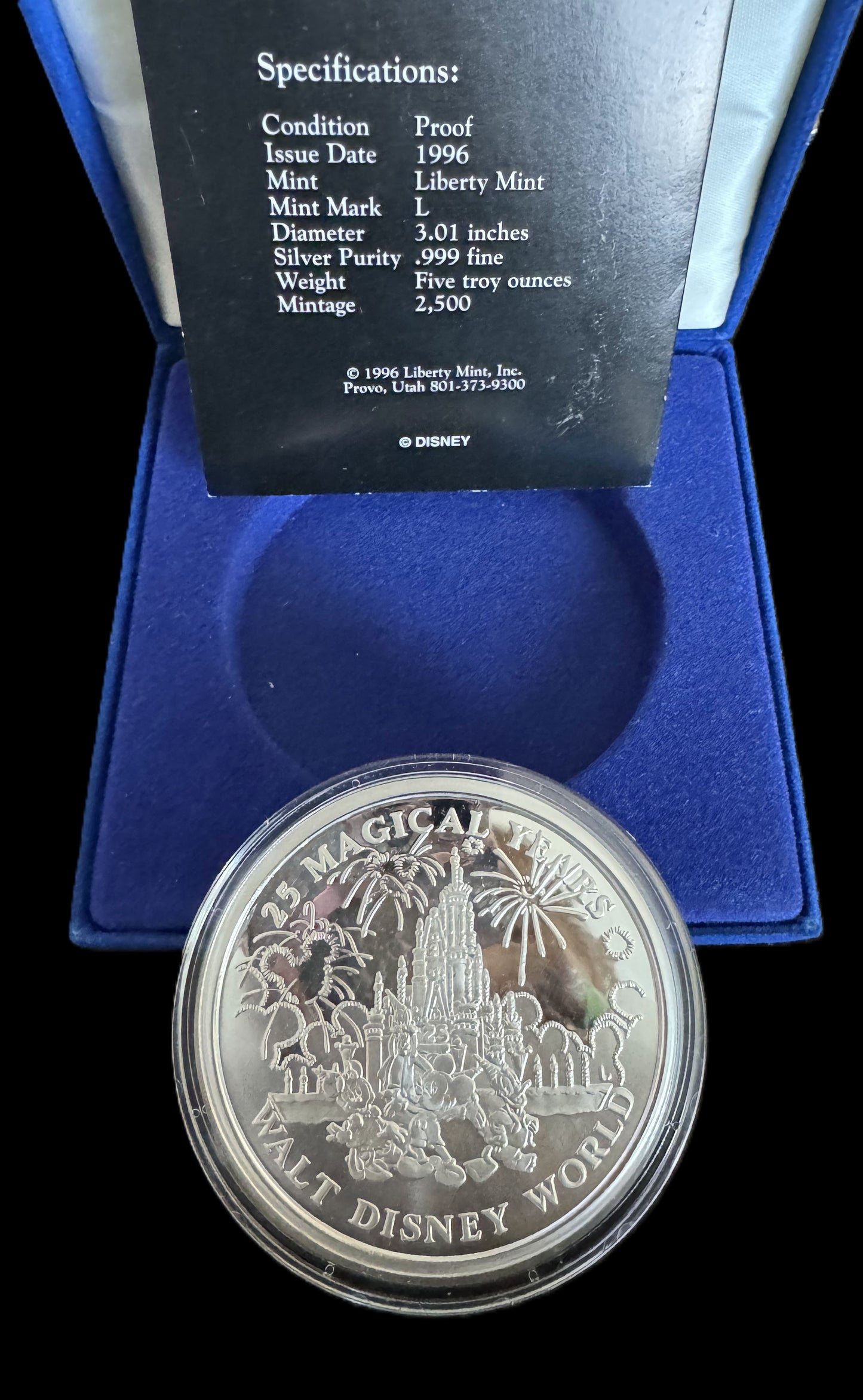 1996 Disney World 25th Anniversary 5 oz .999 Silver Coin