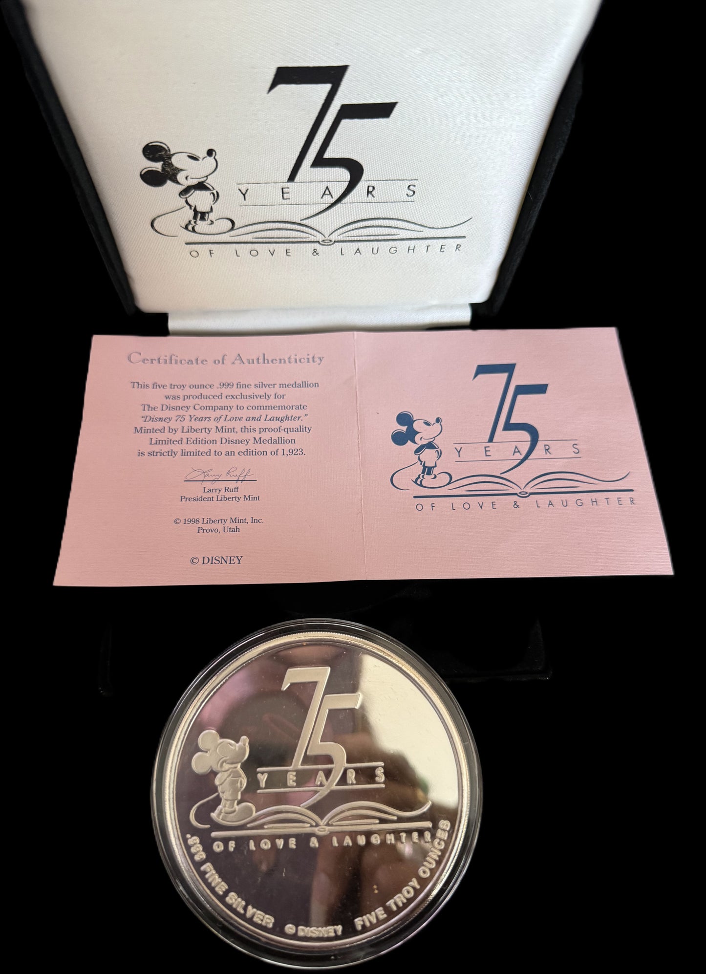 1998 Disney 75 Years of Love and Laughter 5 oz .999 Silver Coin