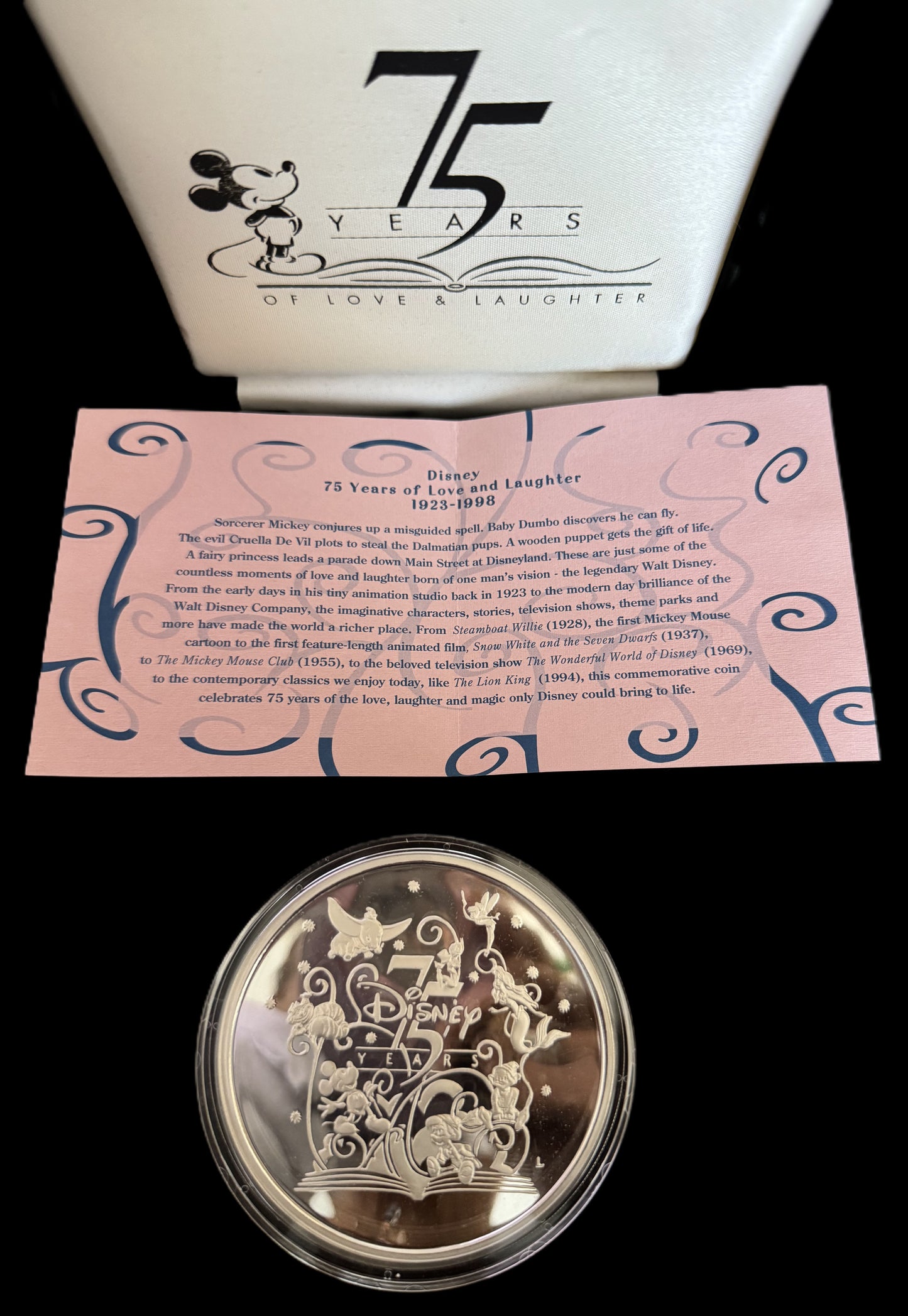 1998 Disney 75 Years of Love and Laughter 5 oz .999 Silver Coin