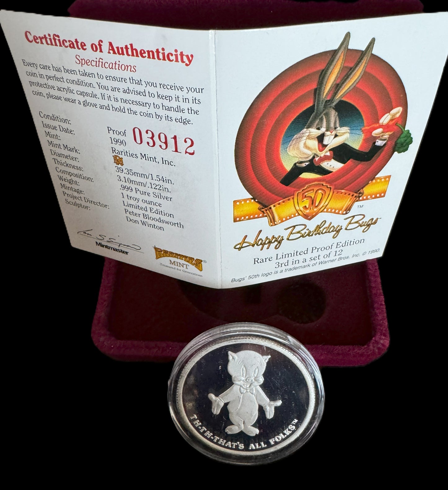 1990 Happy Birthday Bugs Porky Pig Limited Proof Edition 1oz .999 Silver Coin