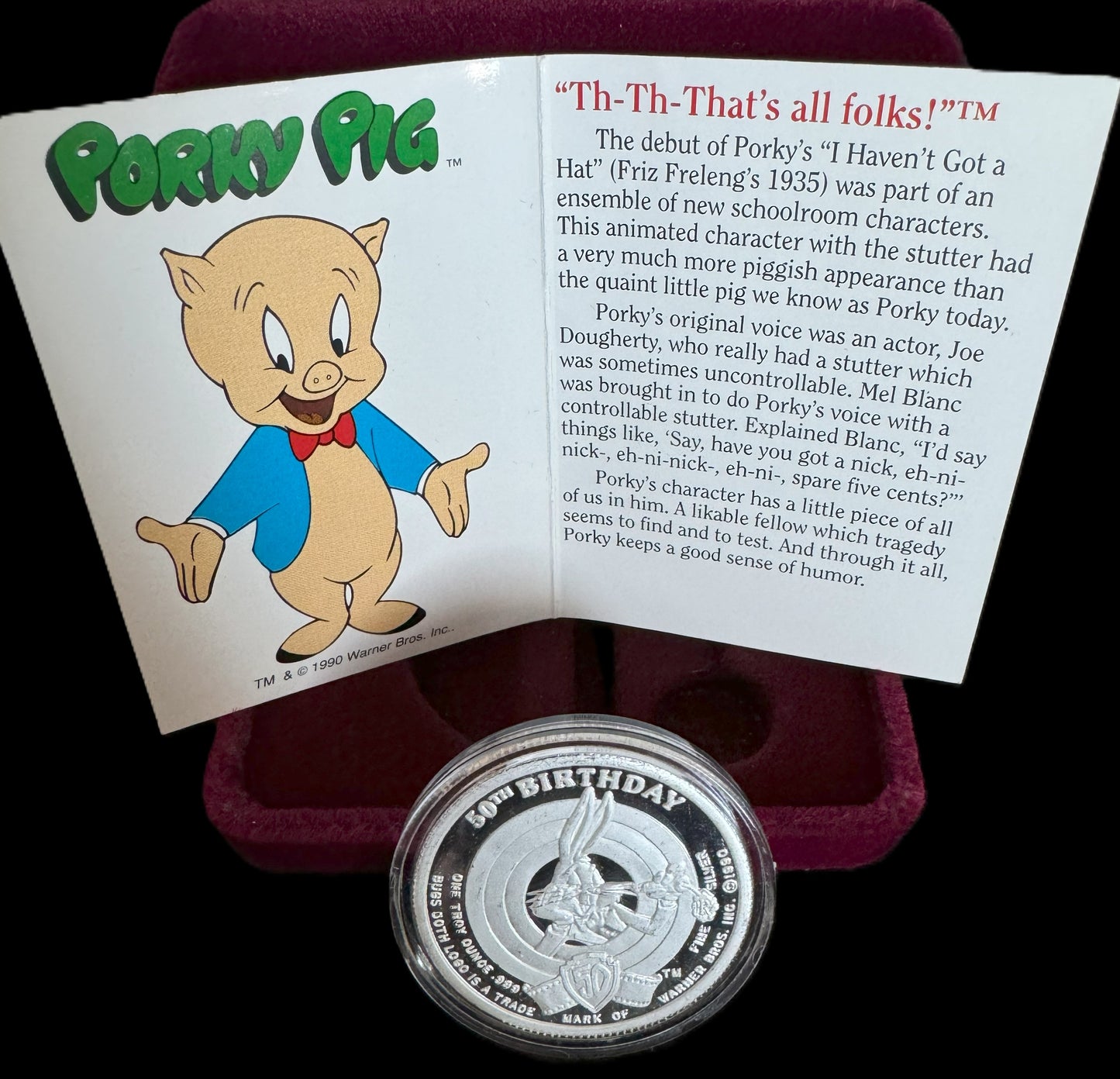 1990 Happy Birthday Bugs Porky Pig Limited Proof Edition 1oz .999 Silver Coin