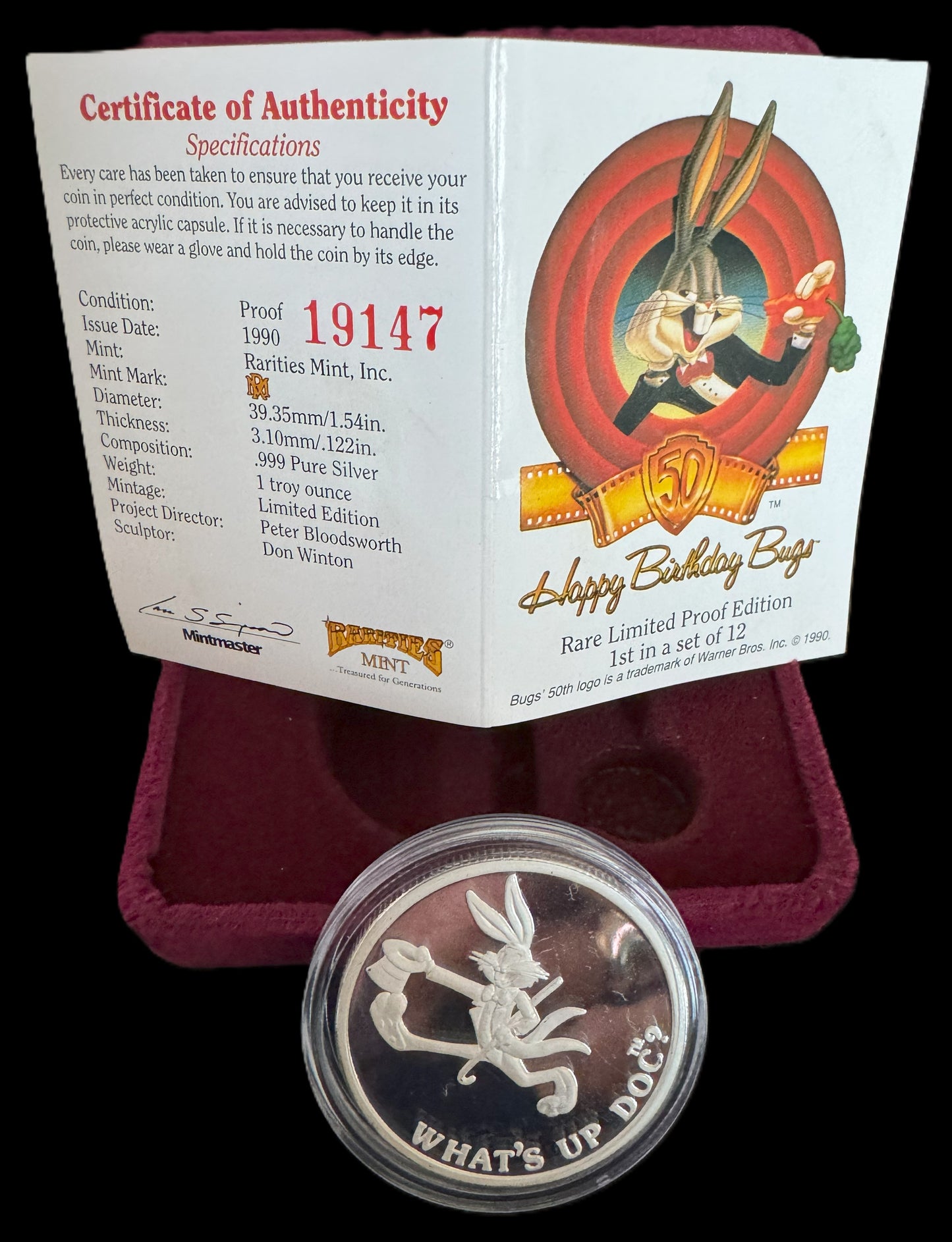 1990 Happy Birthday Bugs Bunny 1oz .999 Silver Coin COA #19147