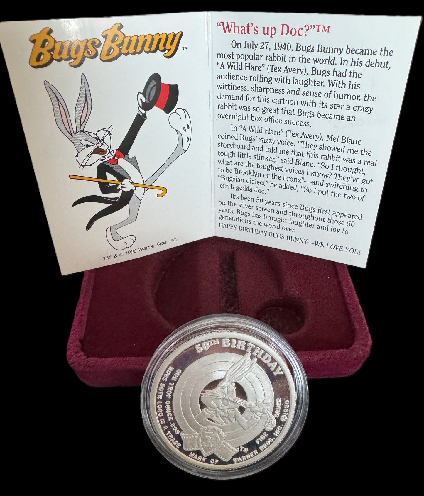 1990 Happy Birthday Bugs Bunny 1oz .999 Silver Coin COA #19147