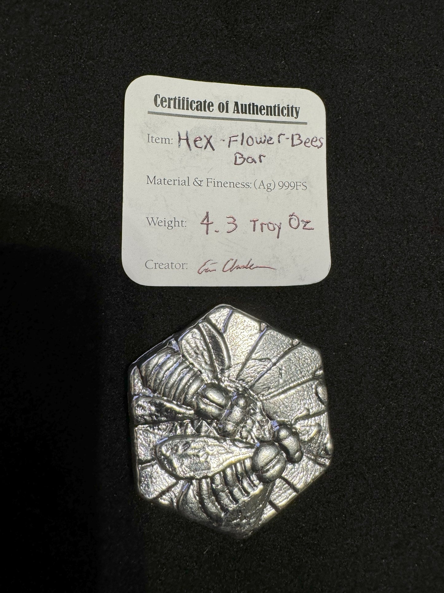 Hex Shaped Flower Bees Bar 4.3 oz .999 Silver