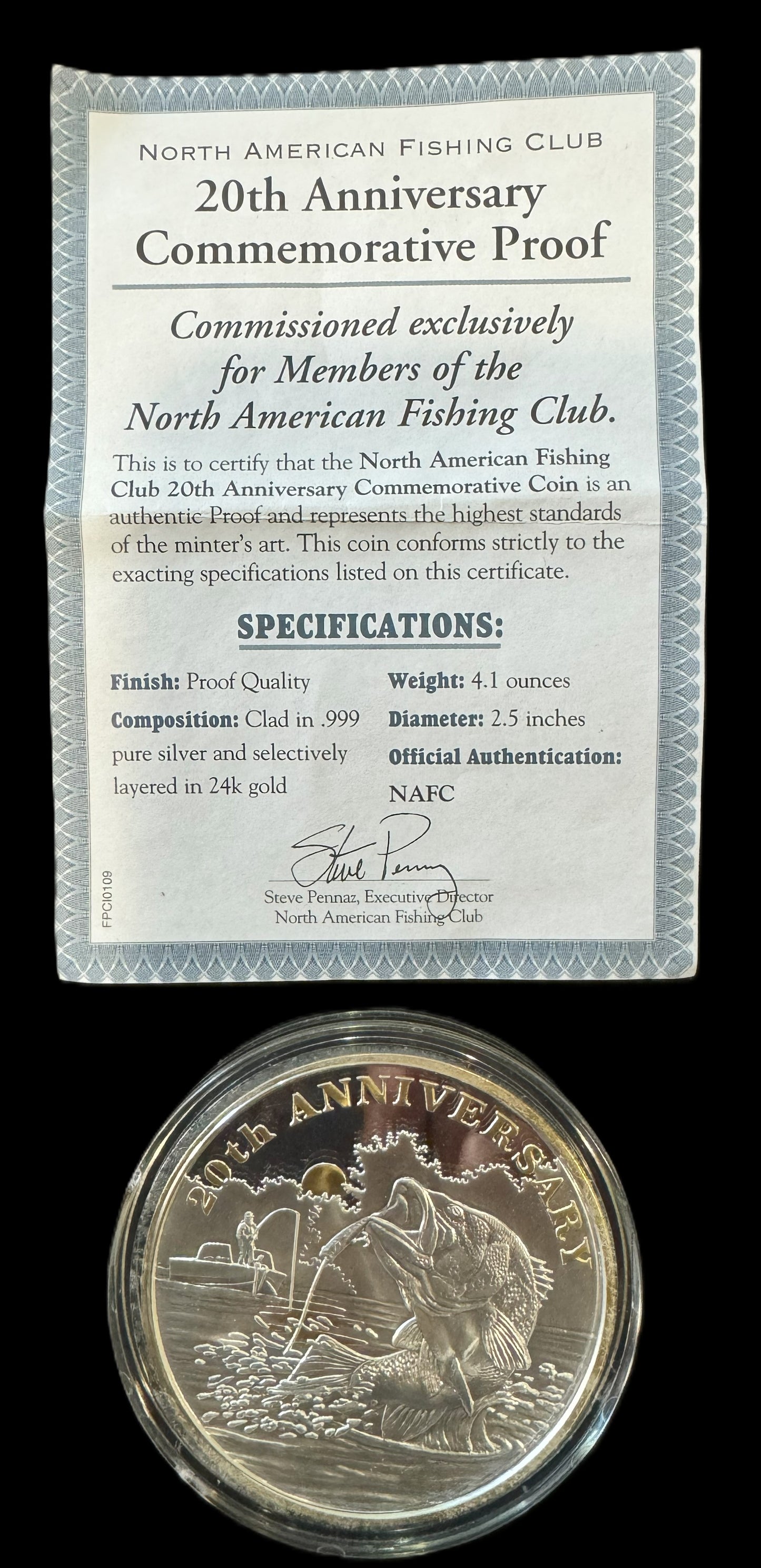 2000 N.A.F.C. 20th Anniversary 4.1 oz .999 Silver Coin w/24K Gold Relief