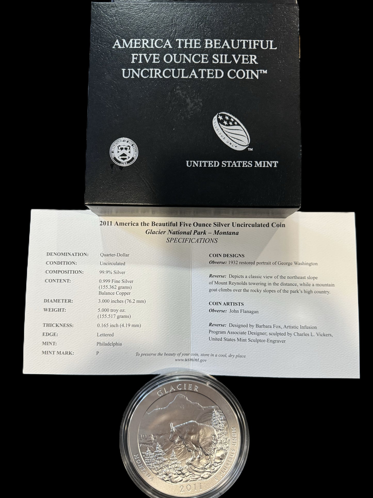 2011 America The Beautiful Glacier 5 oz .999 Silver Coin