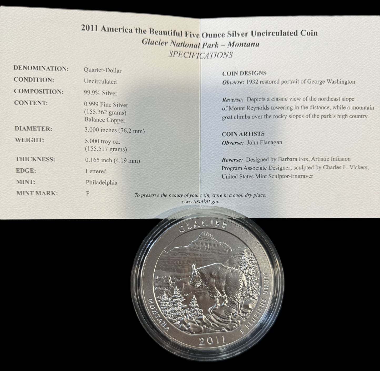 2011 America The Beautiful Glacier 5 oz .999 Silver Coin