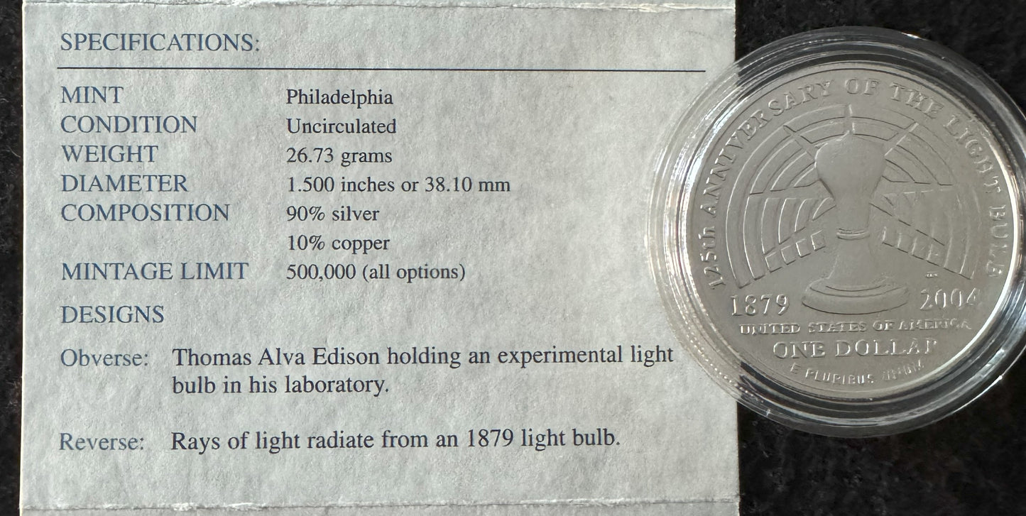 2004 Tomas Edison 125th 1 oz .999 Silver Coin