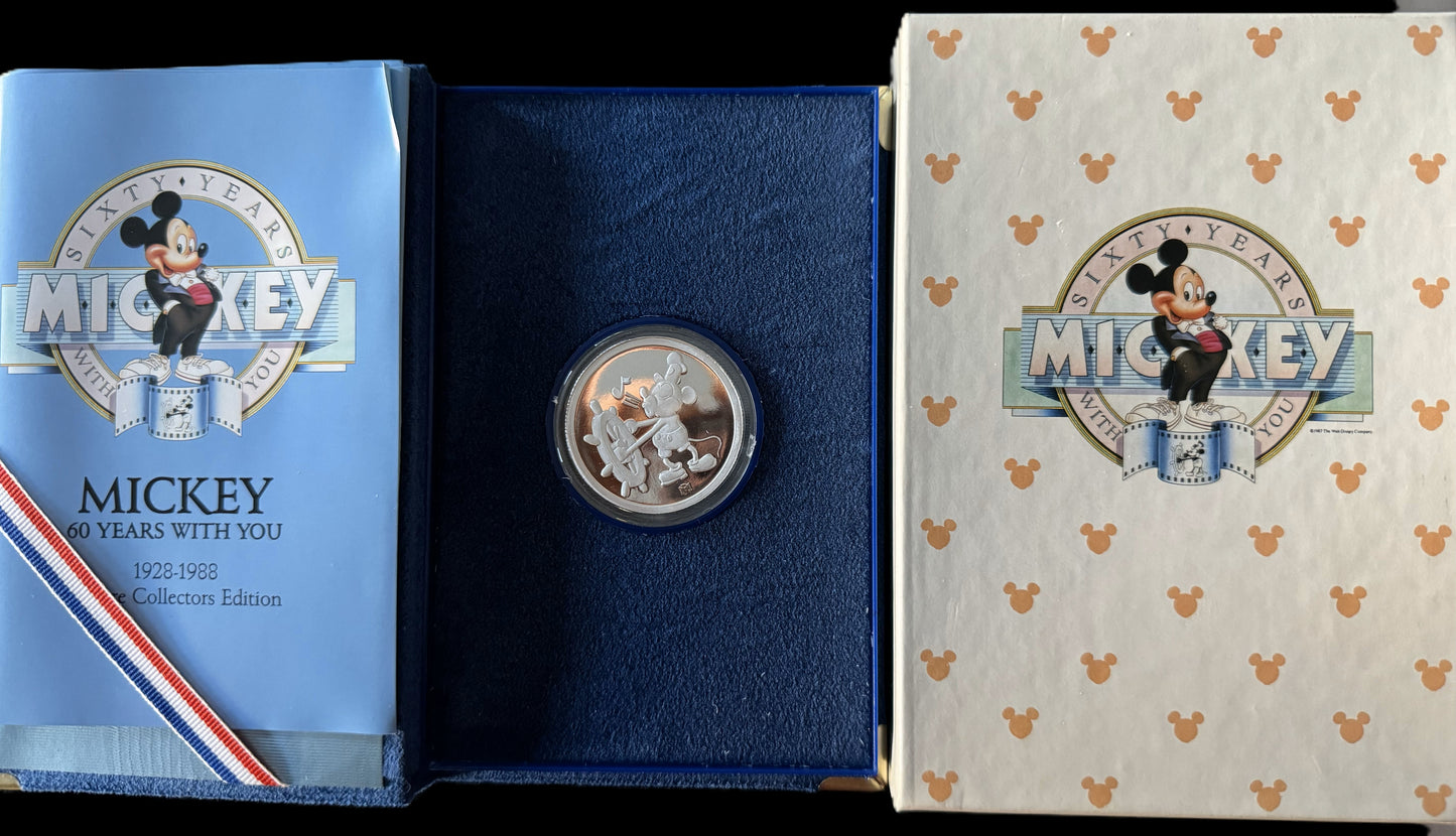1988 Disney Mickey 60 Years With You Steamboat Willie 1 oz .999 Silver Coin COA #0624