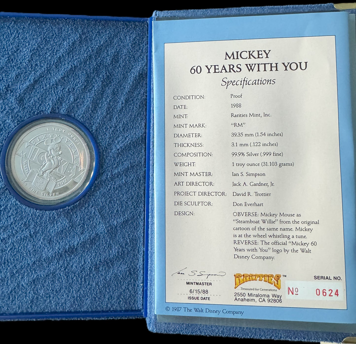 1988 Disney Mickey 60 Years With You Steamboat Willie 1 oz .999 Silver Coin COA #0624