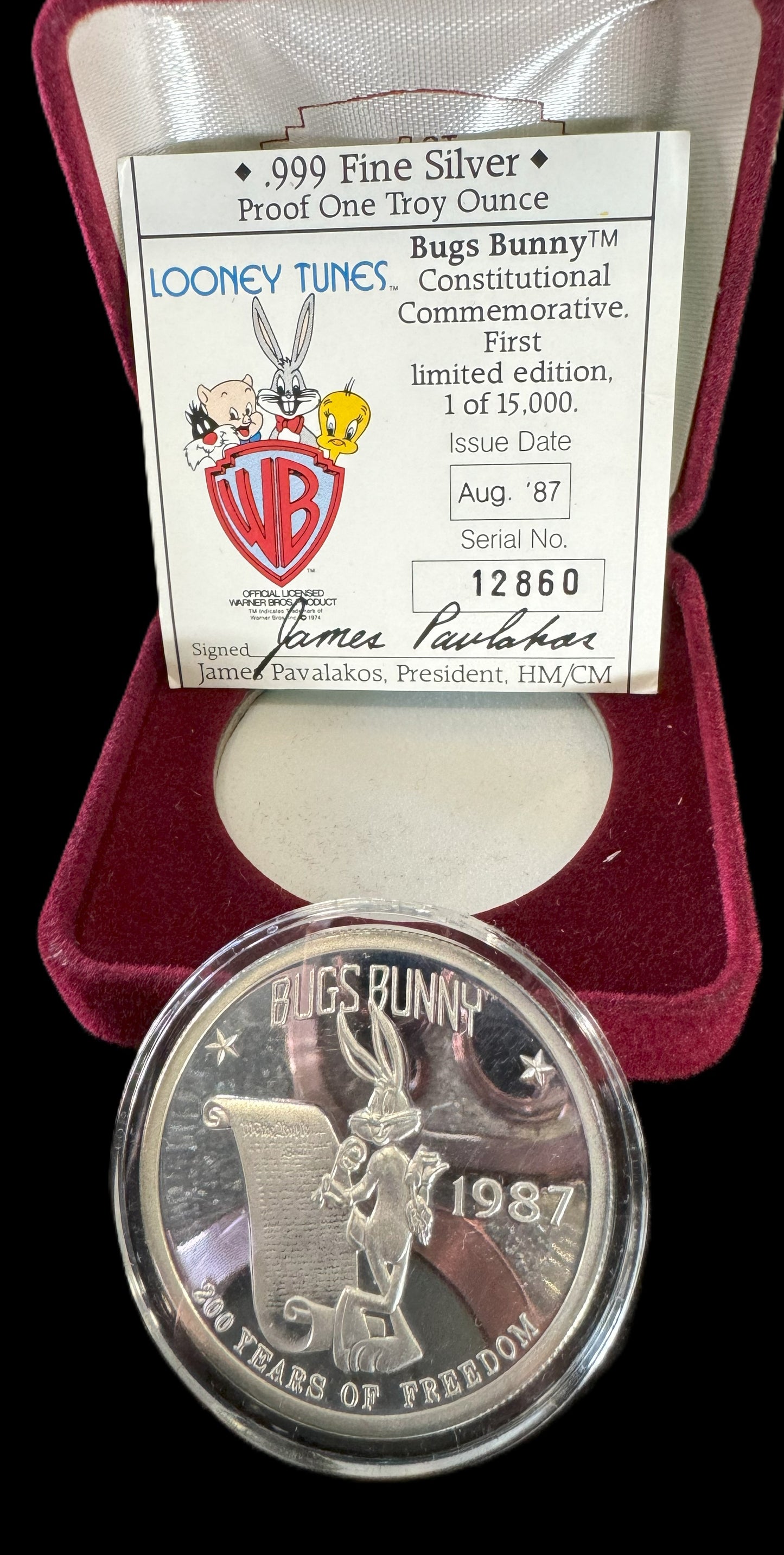 1987 Looney Tunes Bugs Bunny Constitutional Commemorative 1 oz .999 Silver Coin