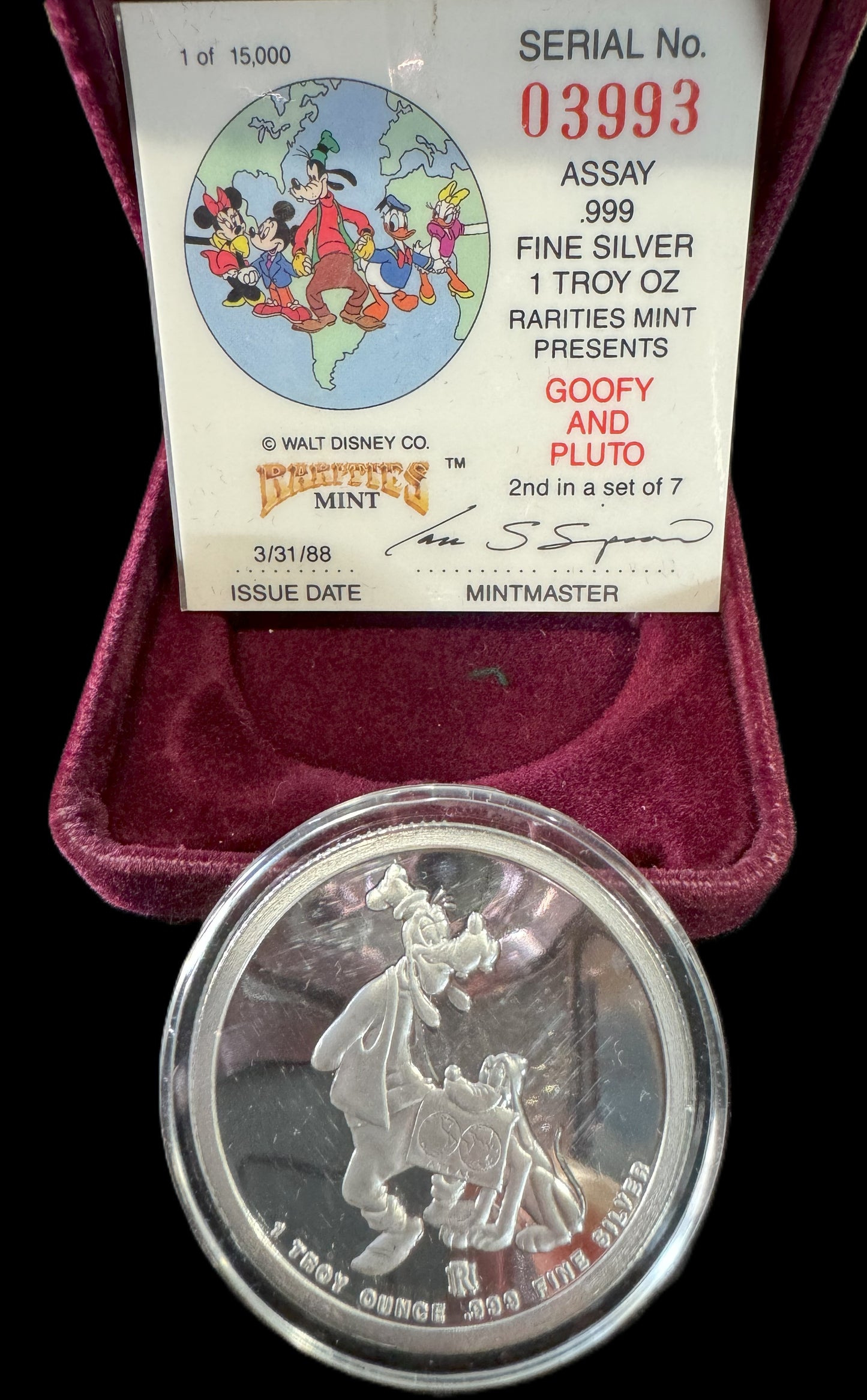 1988 Disney Around the World “Goofy & Pluto” 1 oz .999 Silver Coin COA #3993