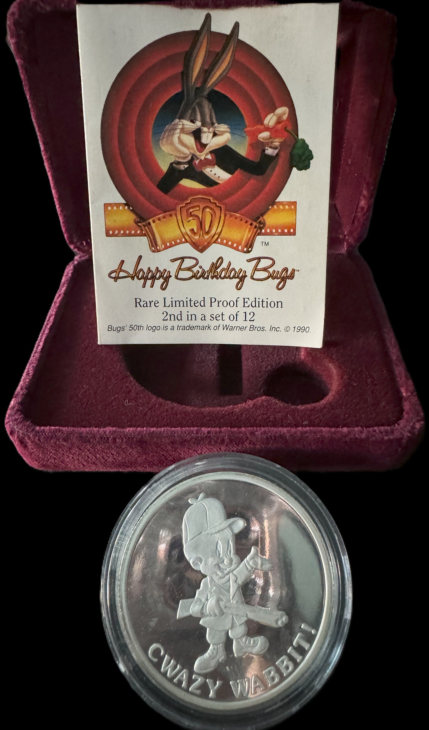1990 Happy Birthday Bugs Elmer Fudd Limited Proof Edition 1oz .999 Silver Coin