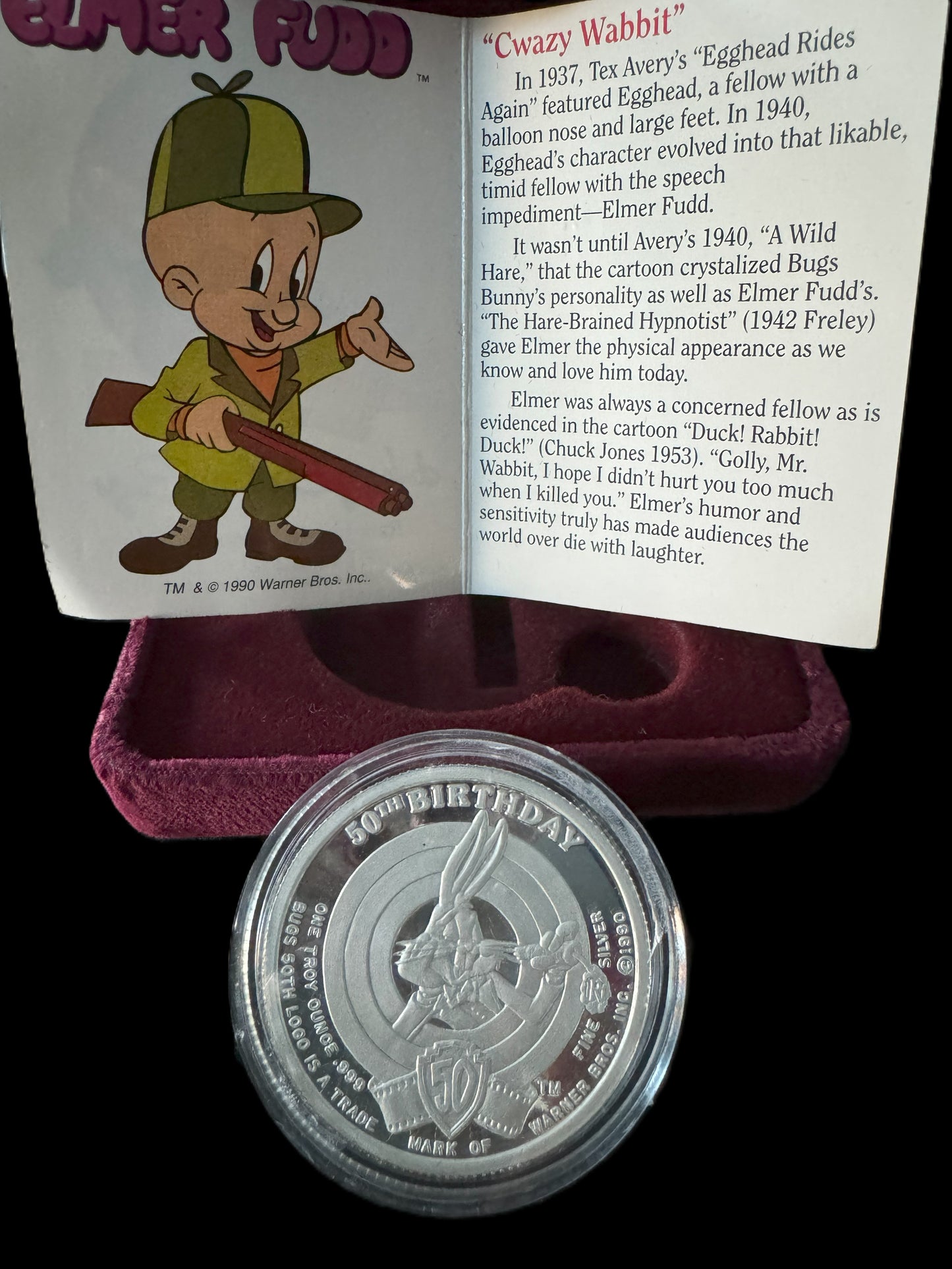 1990 Happy Birthday Bugs Elmer Fudd Limited Proof Edition 1oz .999 Silver Coin