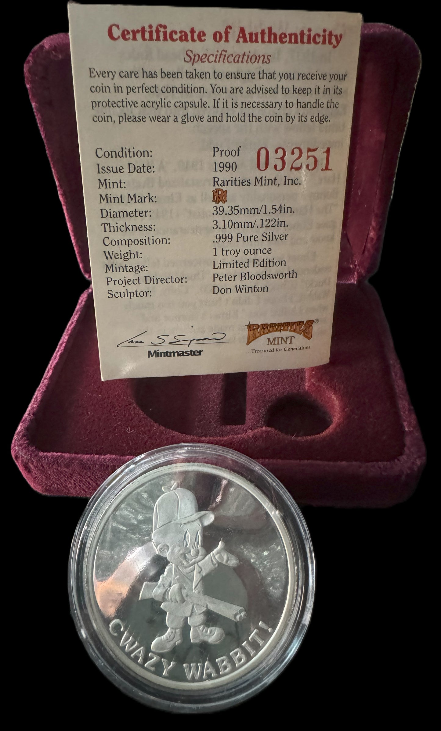 1990 Happy Birthday Bugs Elmer Fudd Limited Proof Edition 1oz .999 Silver Coin